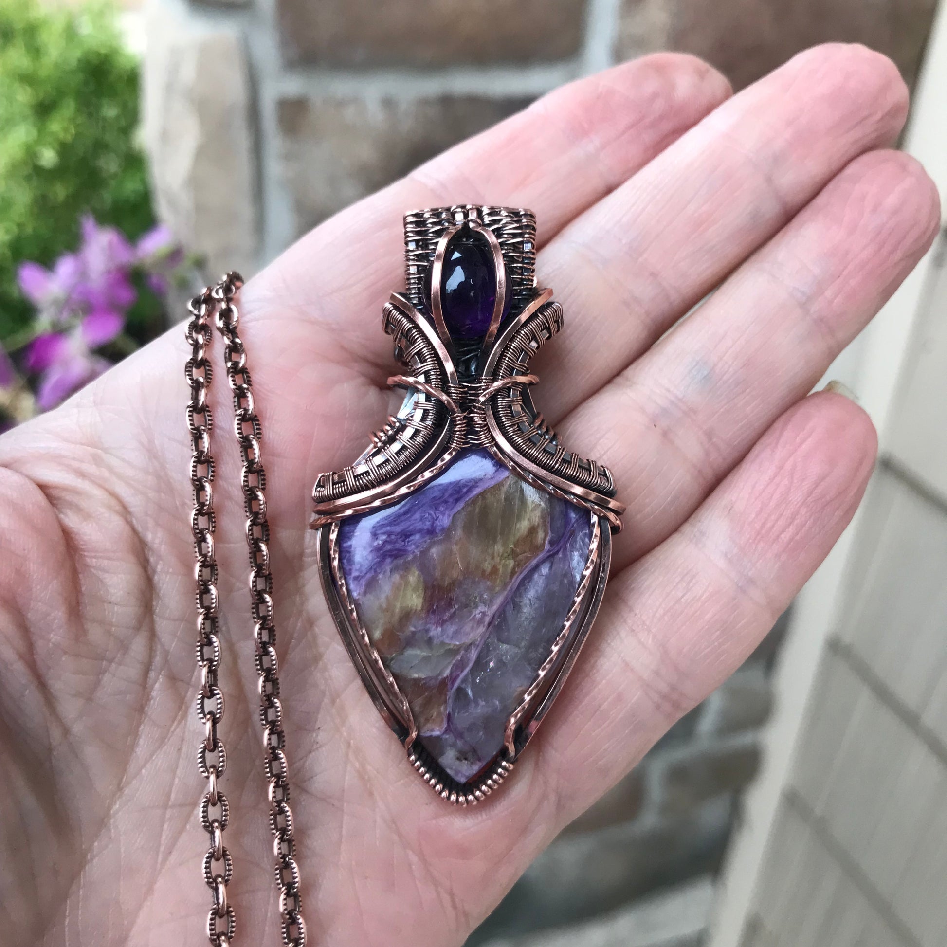Charoite & Amethyst Copper Pendant with Weaving