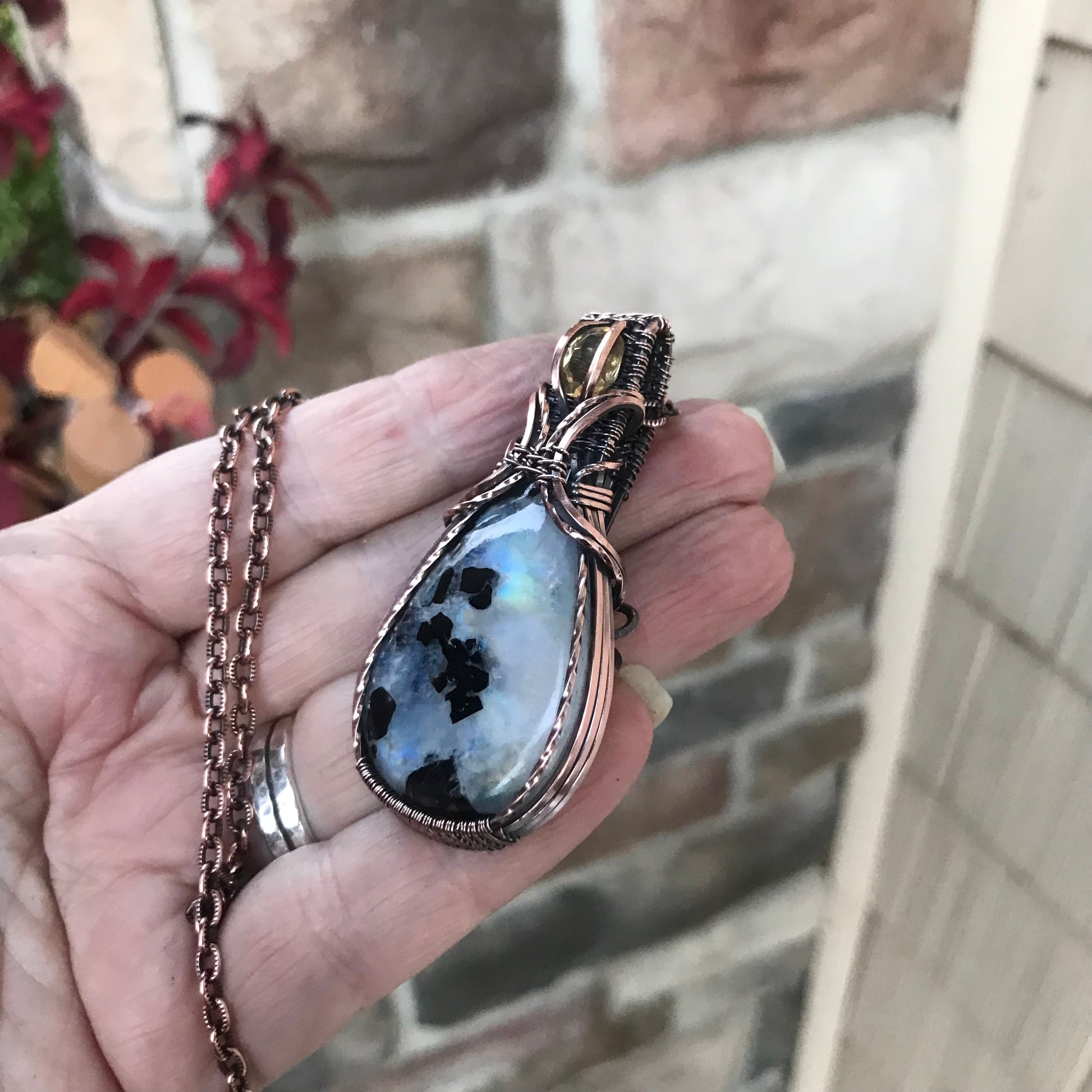 Rainbow Moonstone & Citrine Copper Pendant with Weaving