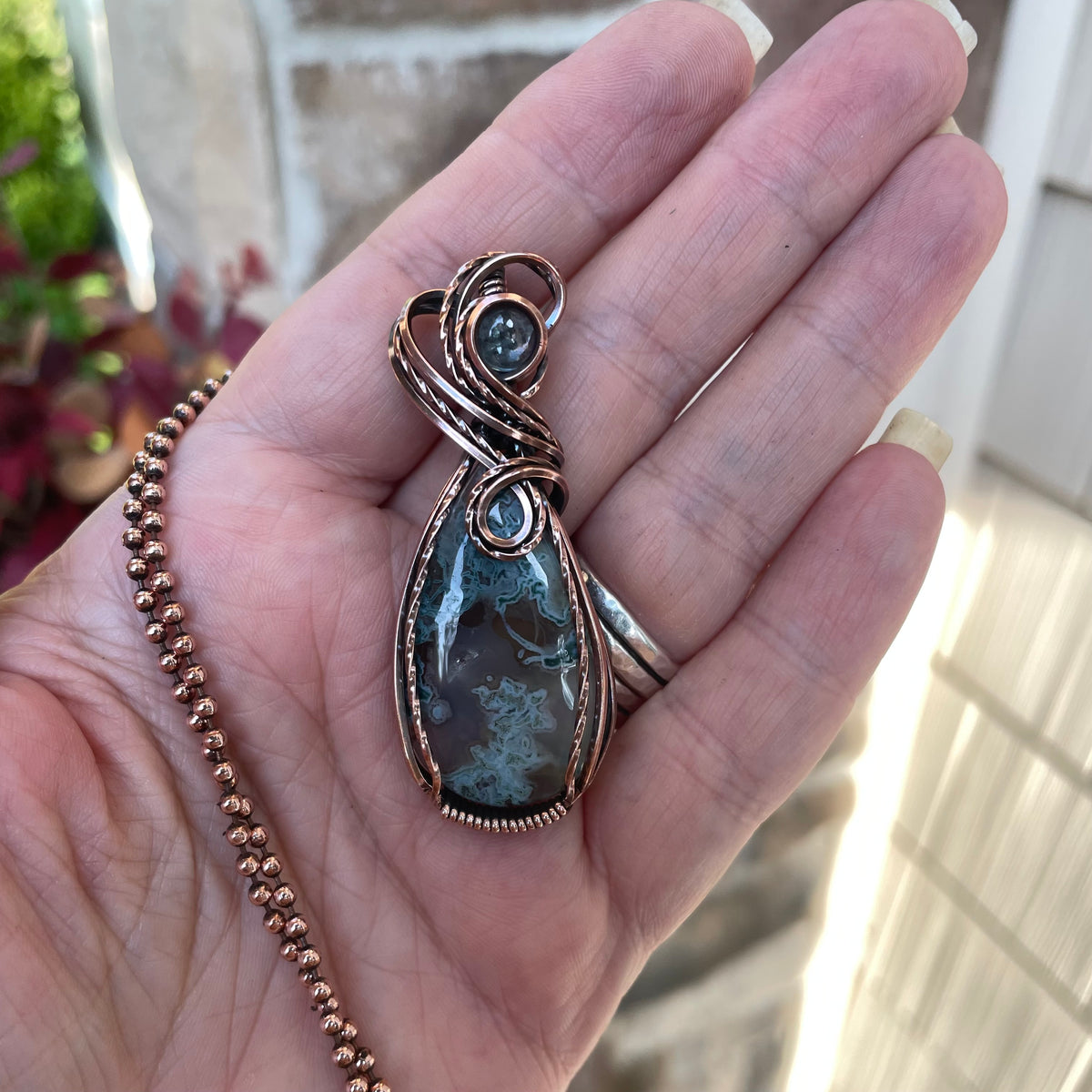 Moss Agate & Aquamarine Copper Necklace
