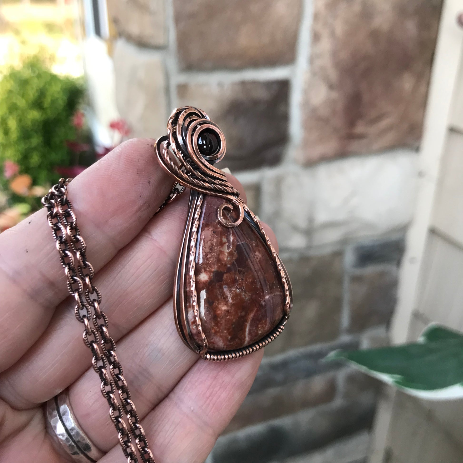 Wildeye Jasper & Garnet Pendant in Oxidized Copper