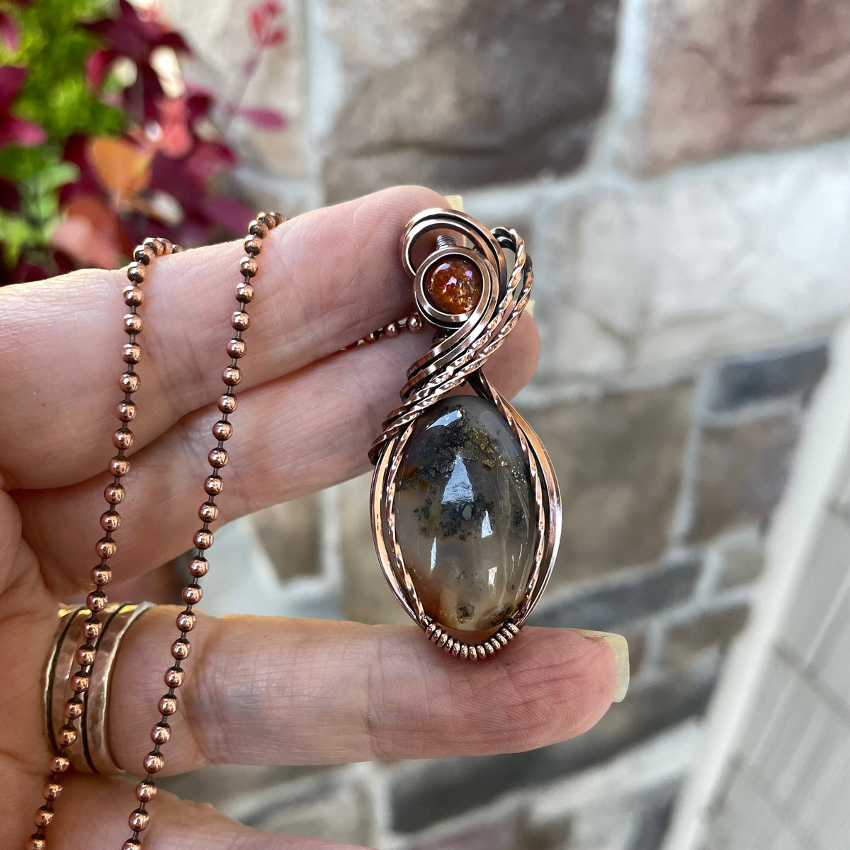 Graveyard Point Plume Agate & Sunstone Copper Necklace