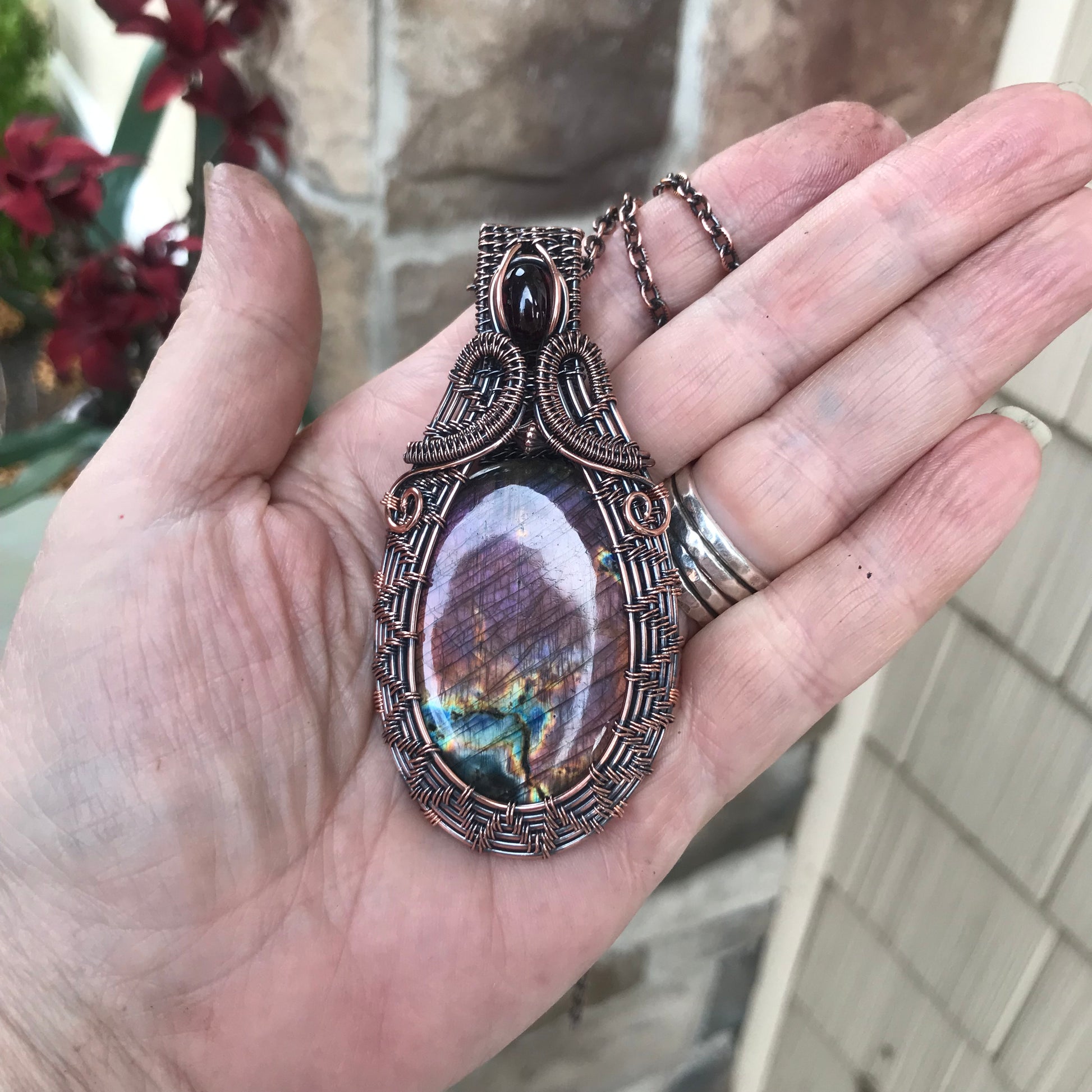 Purple Pink Labradorite with Garnet Woven Copper Pendant