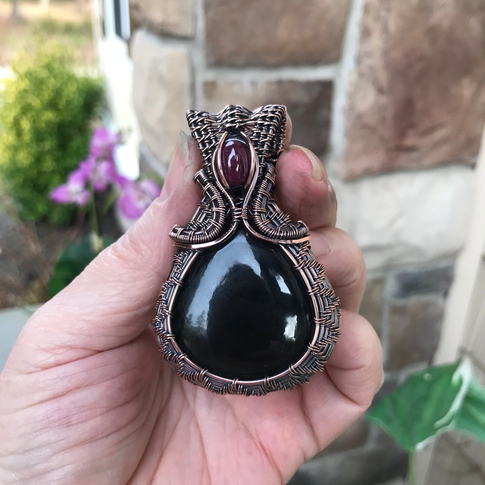 Black Obsidian & Ruby Woven Copper Necklace