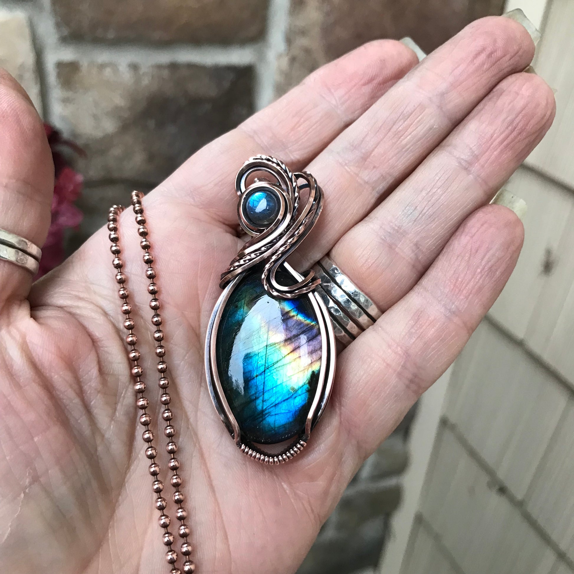 Blue Rainbow Oval Labradorite Copper Pendant