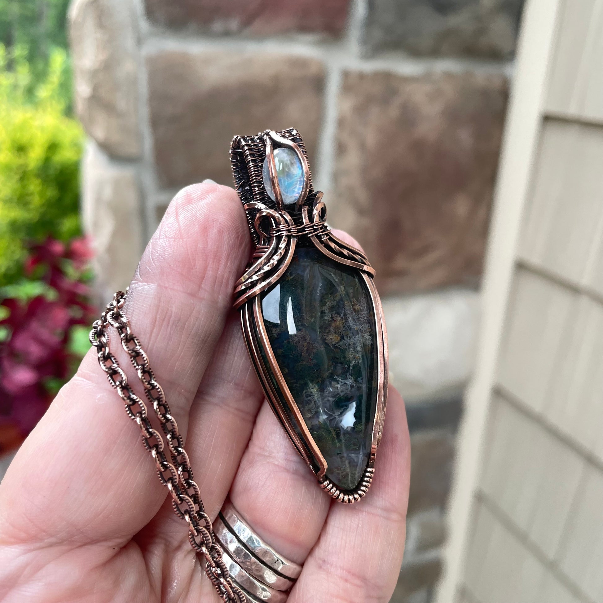 Moss Agate & Moonstone Copper Necklace with Weaving