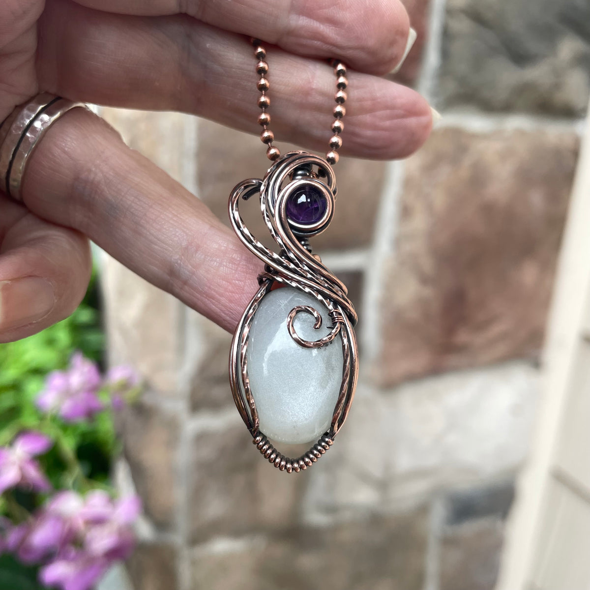 Whie Moonstone & Amethyst Copper Pendant