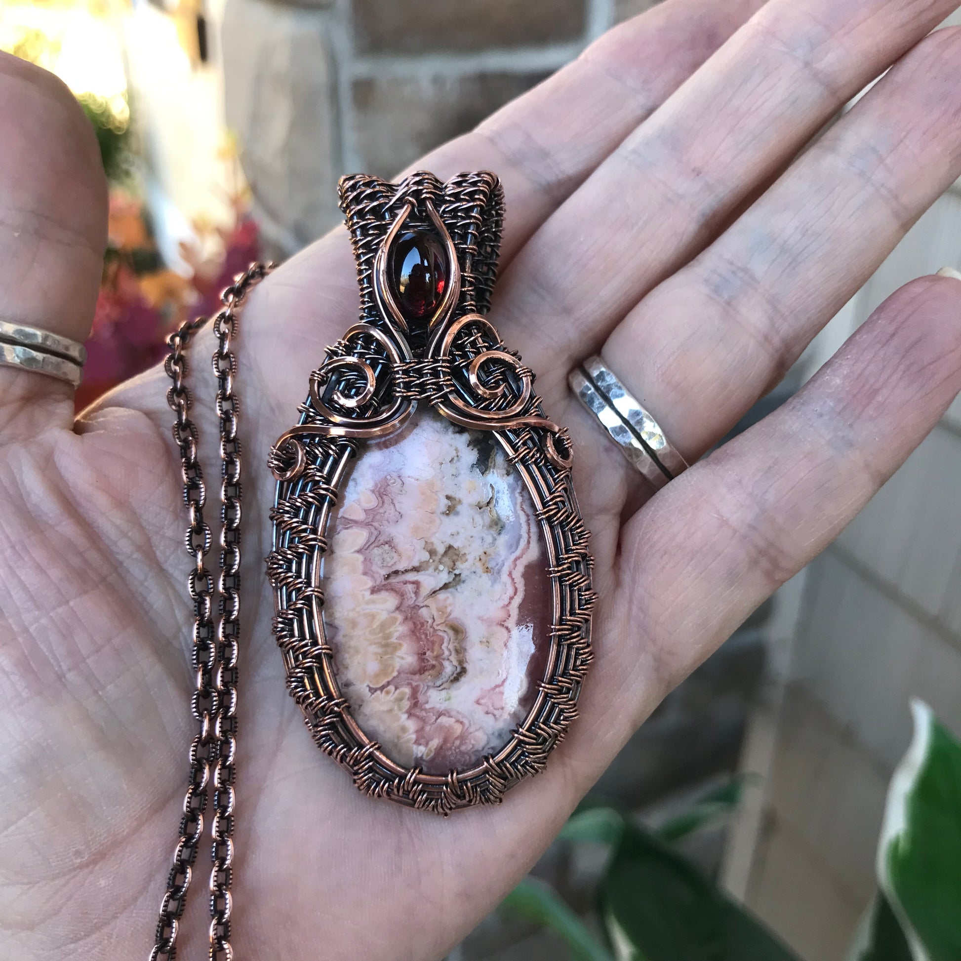 Rhodochrosite & Garnet Copper Woven Necklace