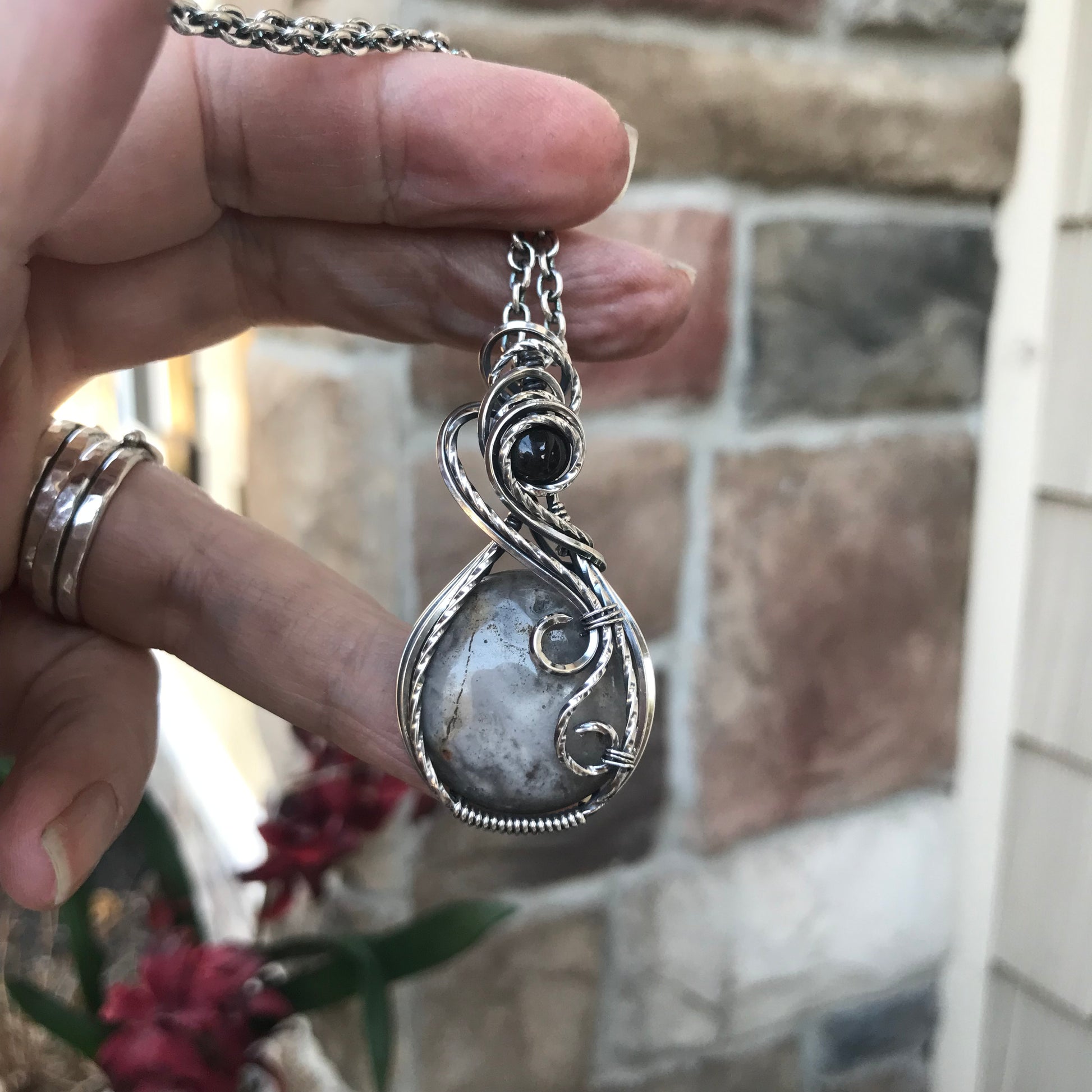 Mexican Crazy Lace Agate & Smoky Quartz Sterling Silver Necklace