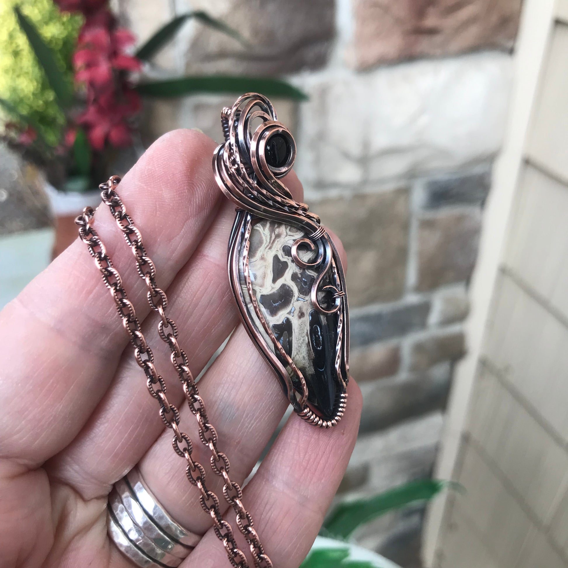 Petrified Palm Root & Black Onyx Copper Necklace