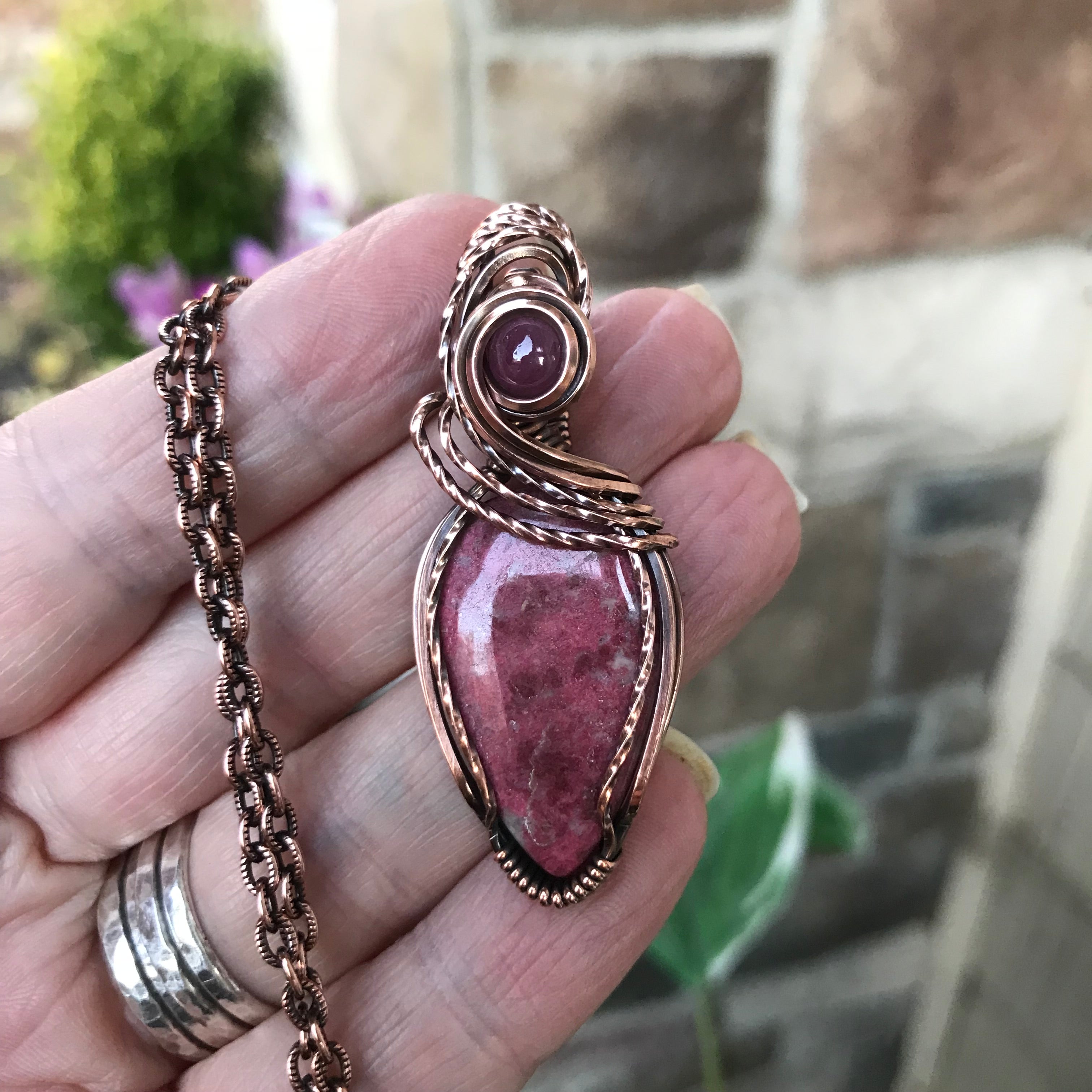 Pink Thulite & Ruby Swirly Copper Necklace