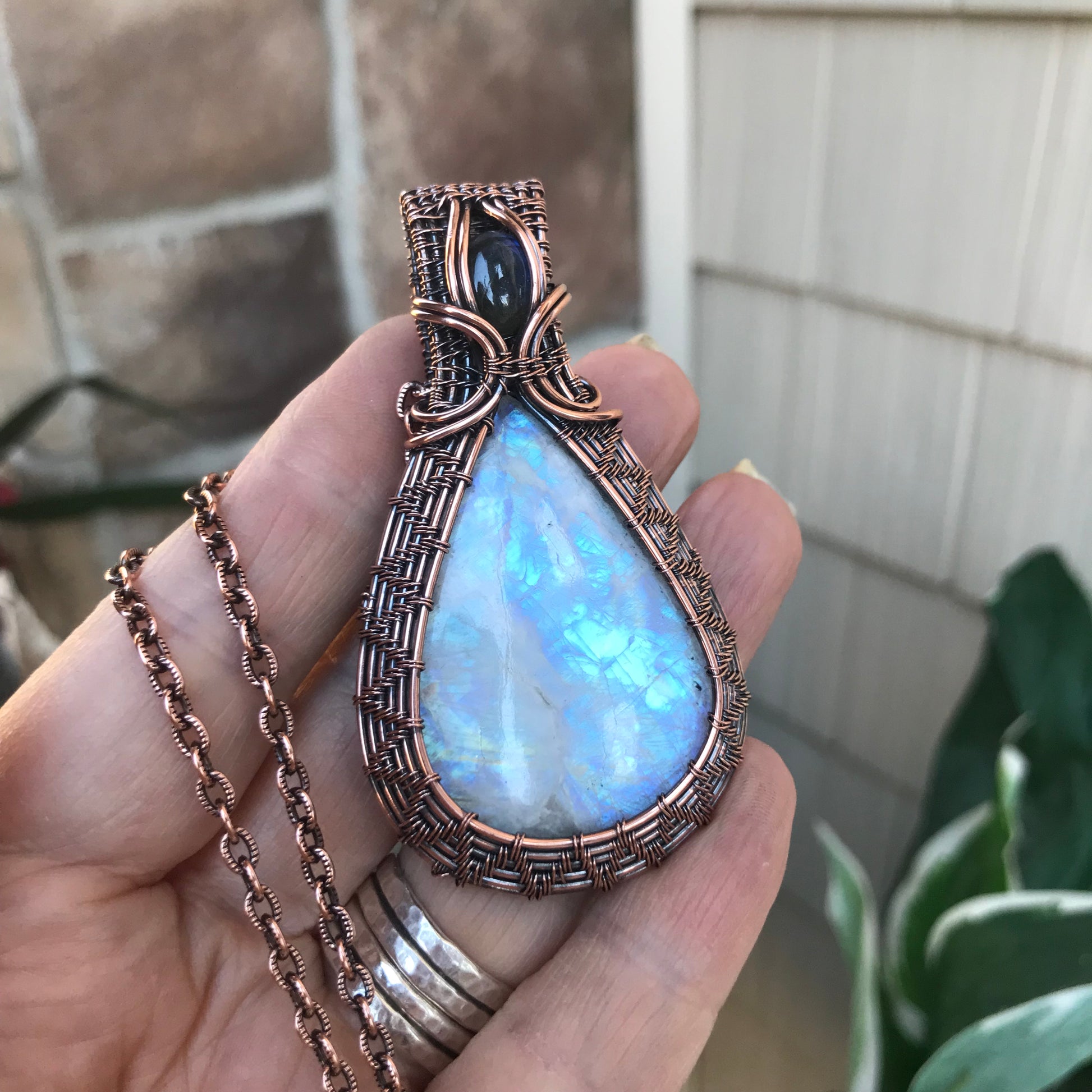 Rainbow Moonstone w/ Blue Labradorite Woven Copper Pendant