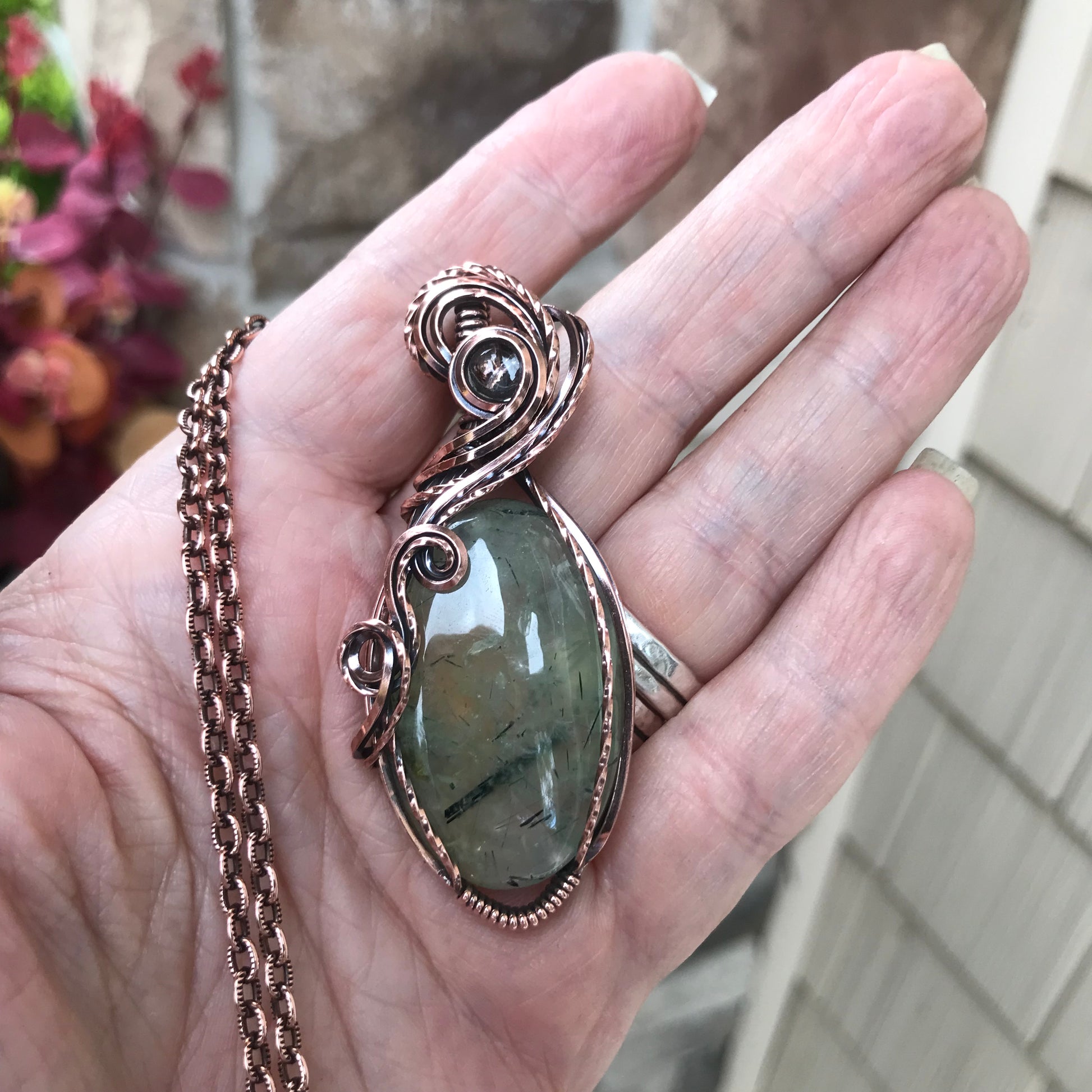 Prehnite & Prasiolite Swirly Copper Pendant