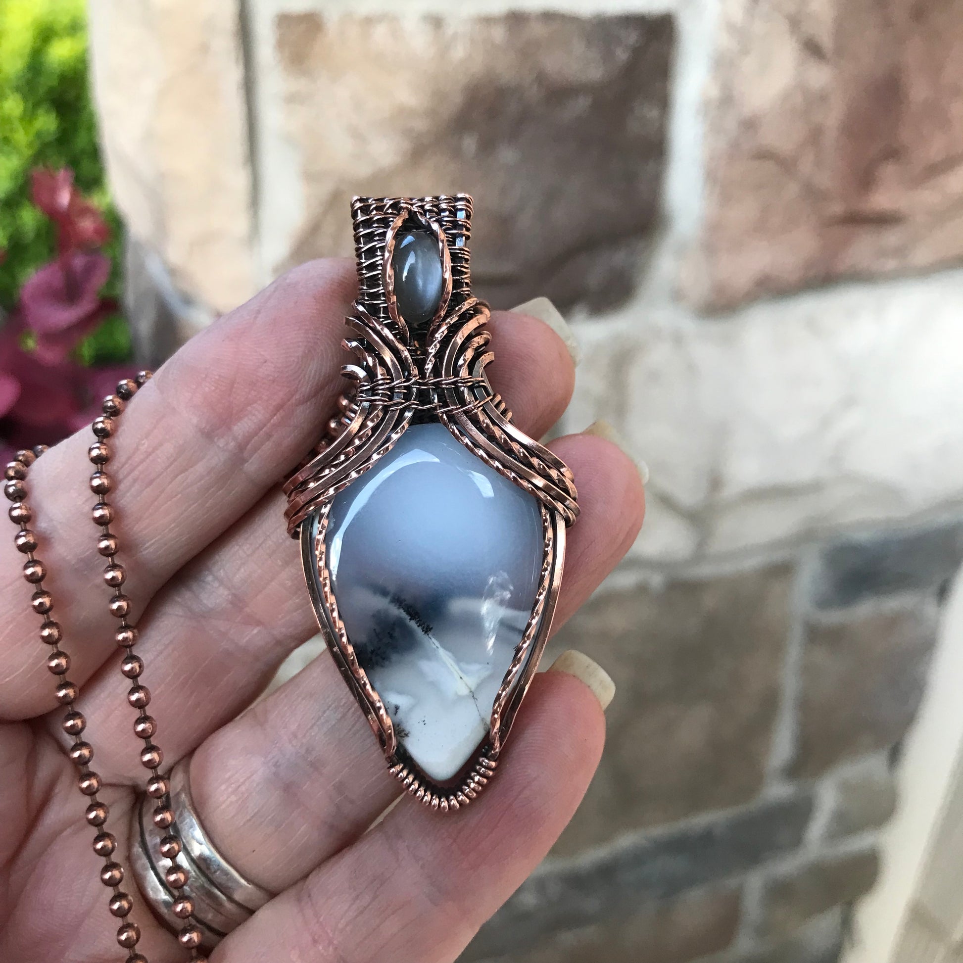 Dentritic Agate & Gray Moonstone Copper Necklace with Weaving