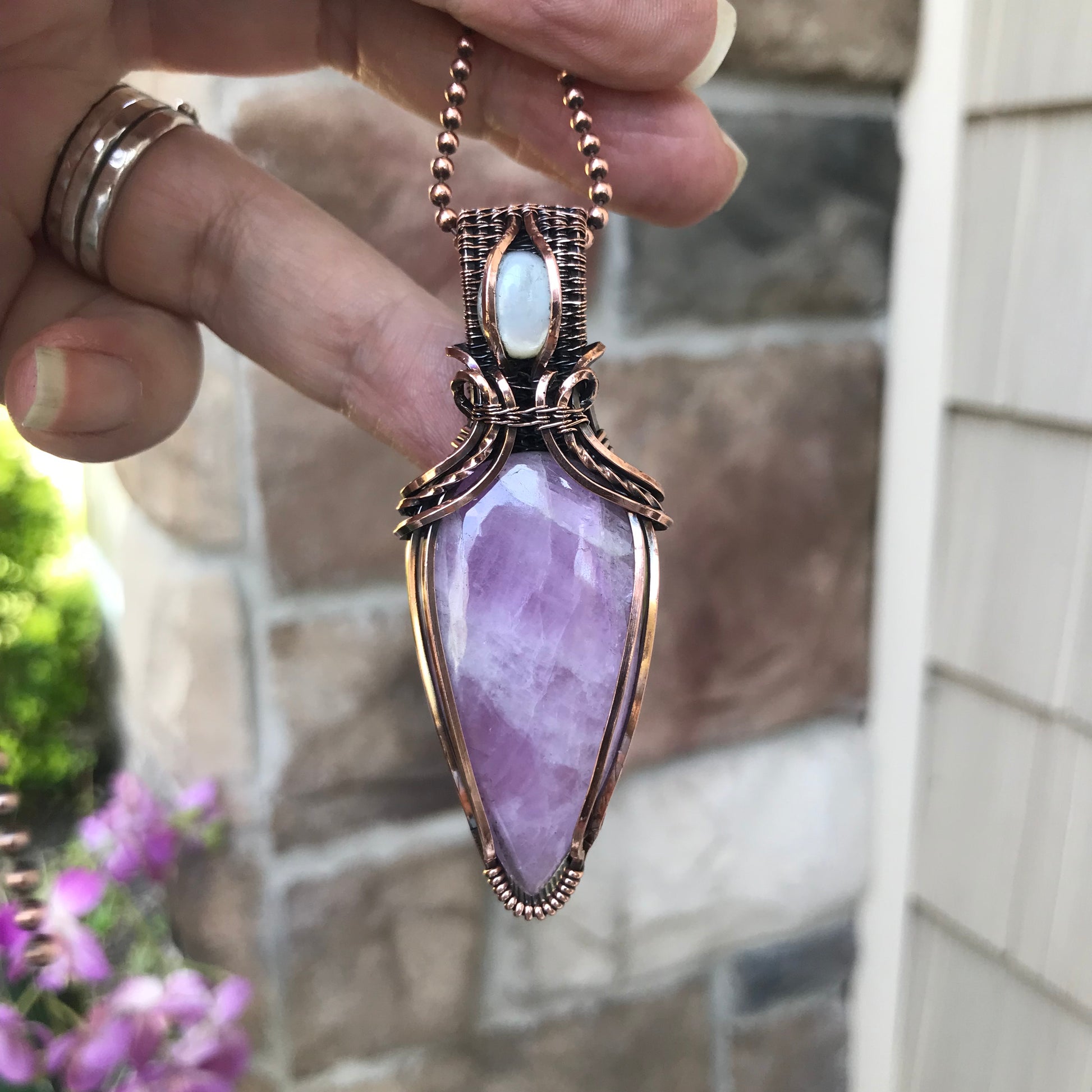 Kunzite & Mother of Pearl Copper Pendant with Weaving