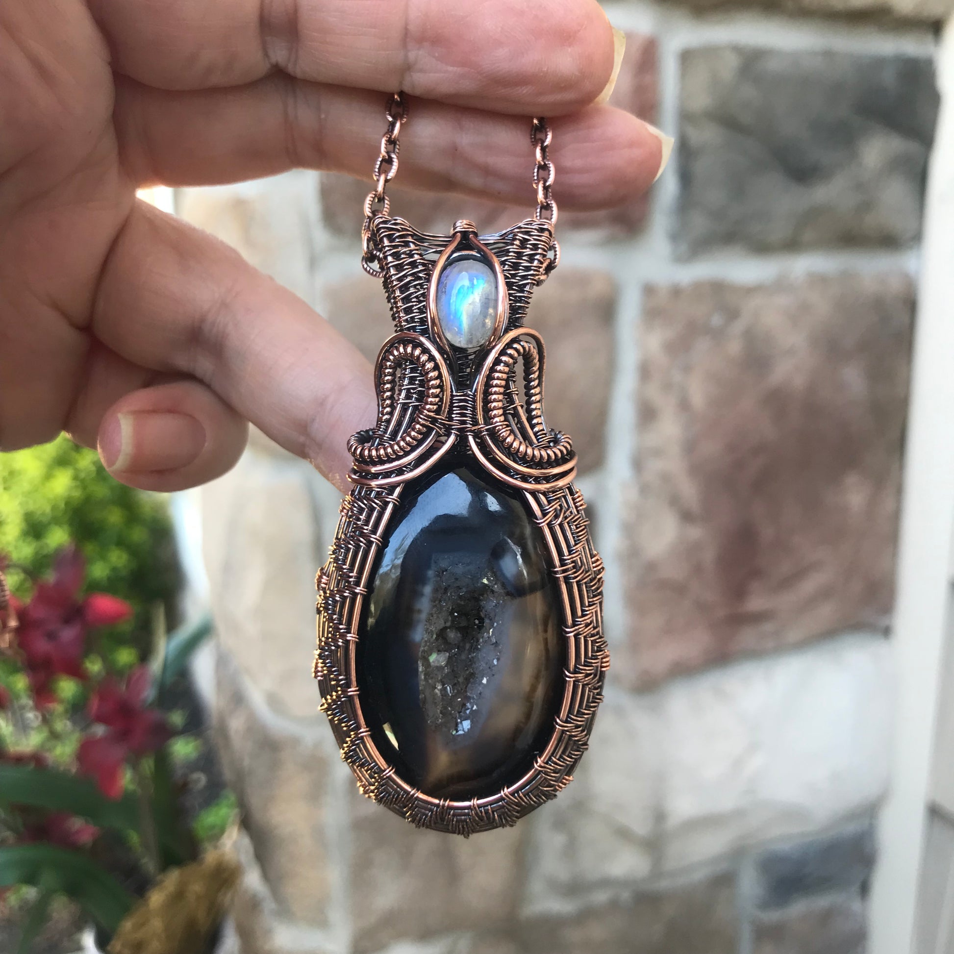 Onyx Druzy & Moonstone Woven Copper Necklace