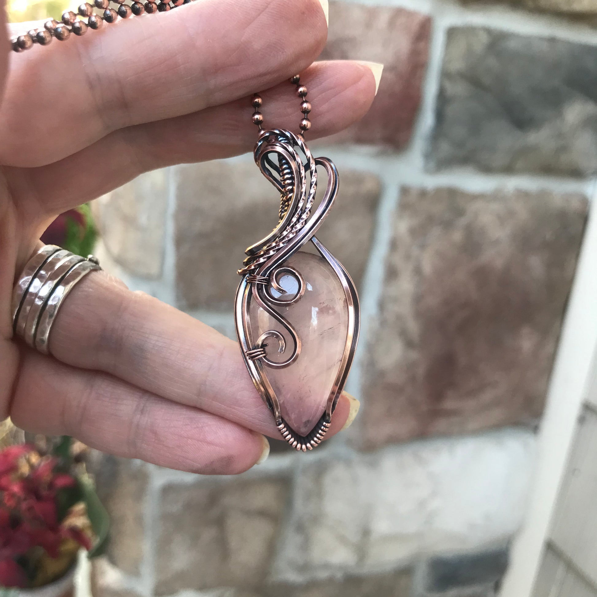 Rose Quartz Swirly Copper Pendant