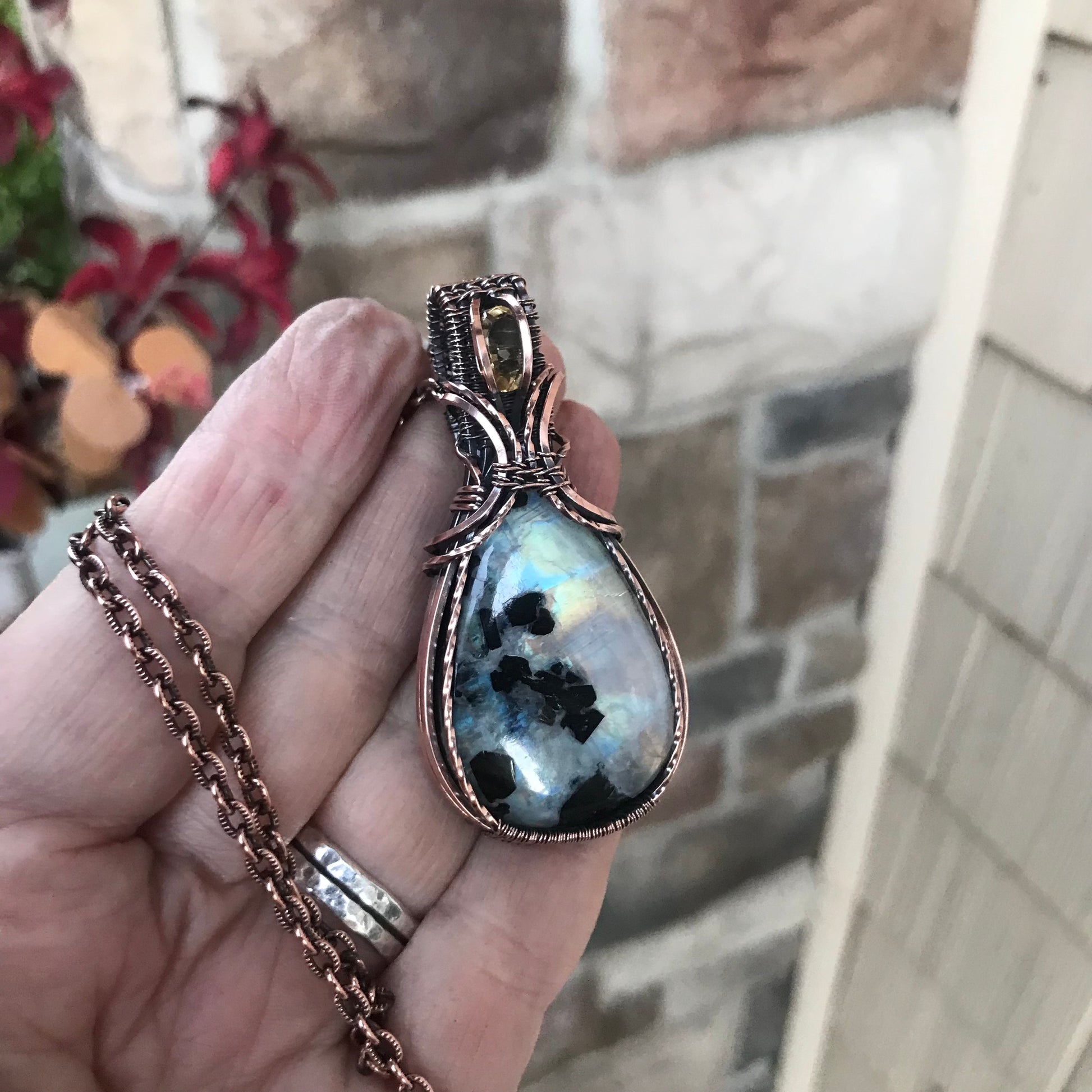 Rainbow Moonstone & Citrine Copper Pendant with Weaving