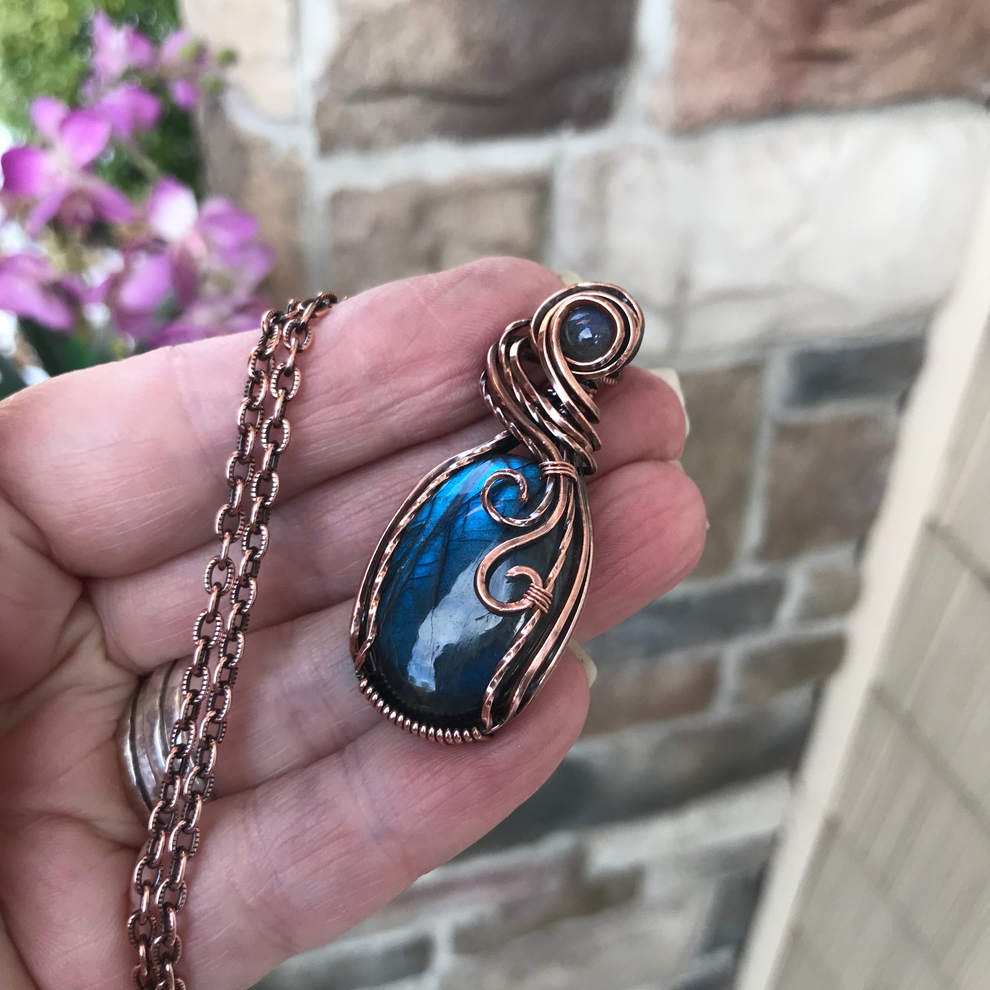 Blue Labradorite Swirly Copper Pendant