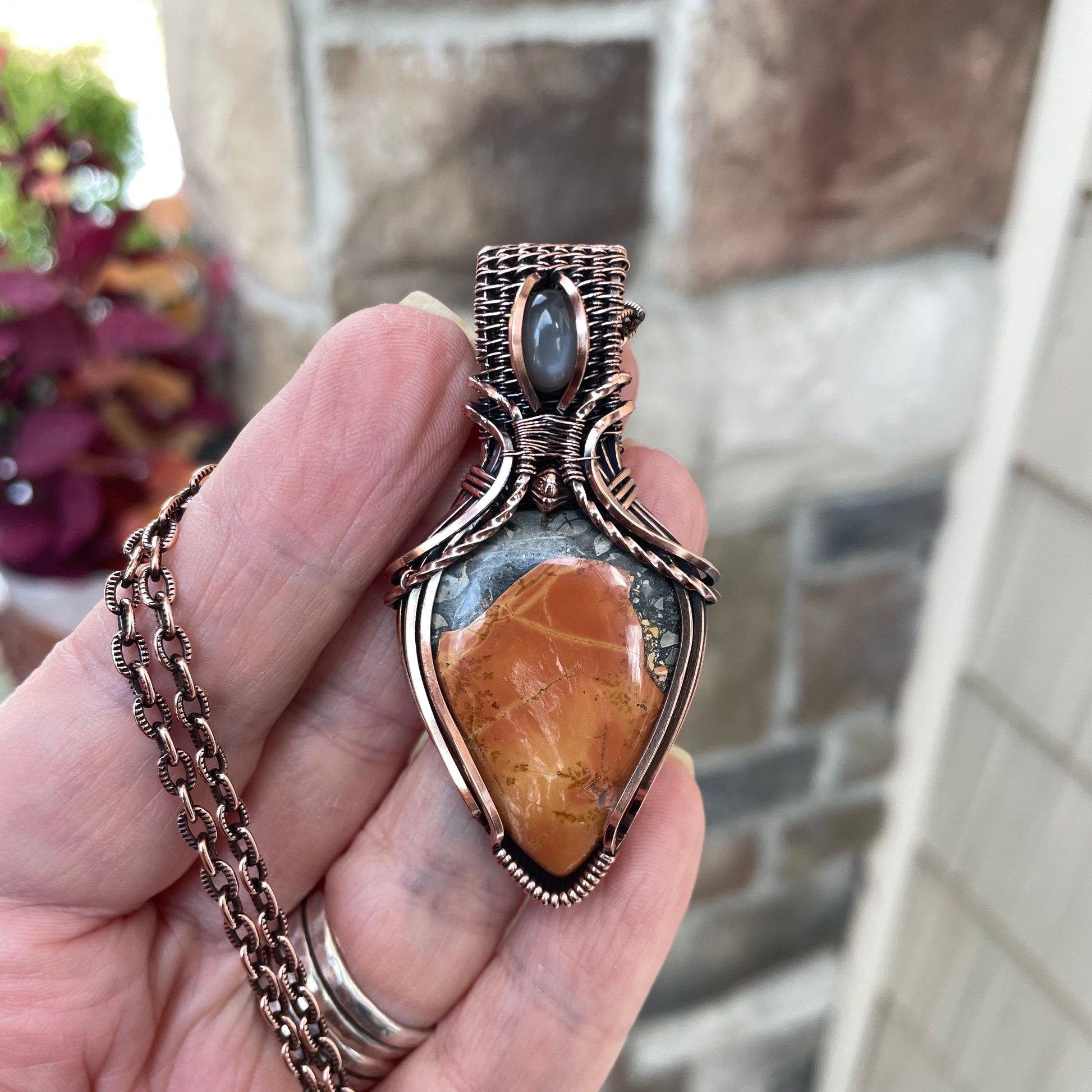 Maligano Jasper & Gray Moonstone Copper Pendant with Weaving