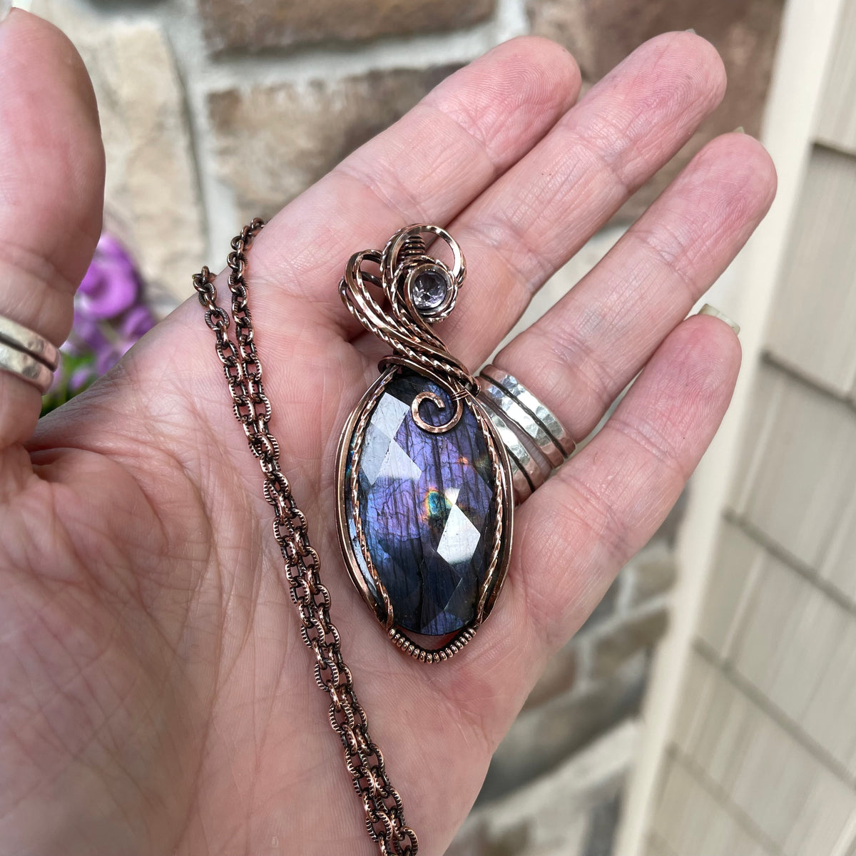 Faceted Purple Oval Labradorite & Pink Amethyst Copper Pendant
