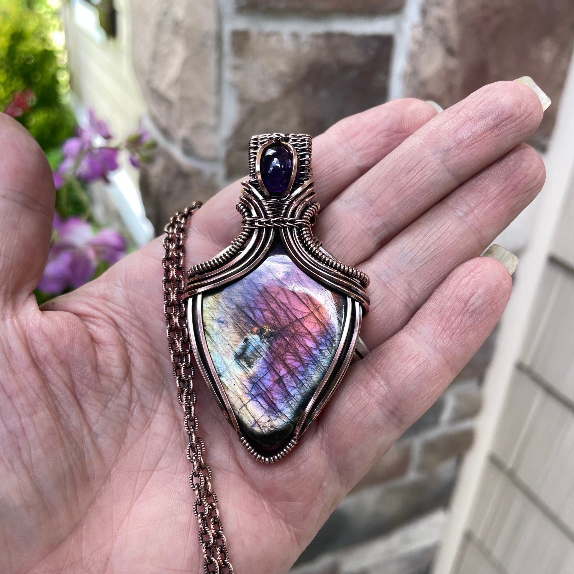 Rainbow Labradorite & Amethyst Copper Pendant