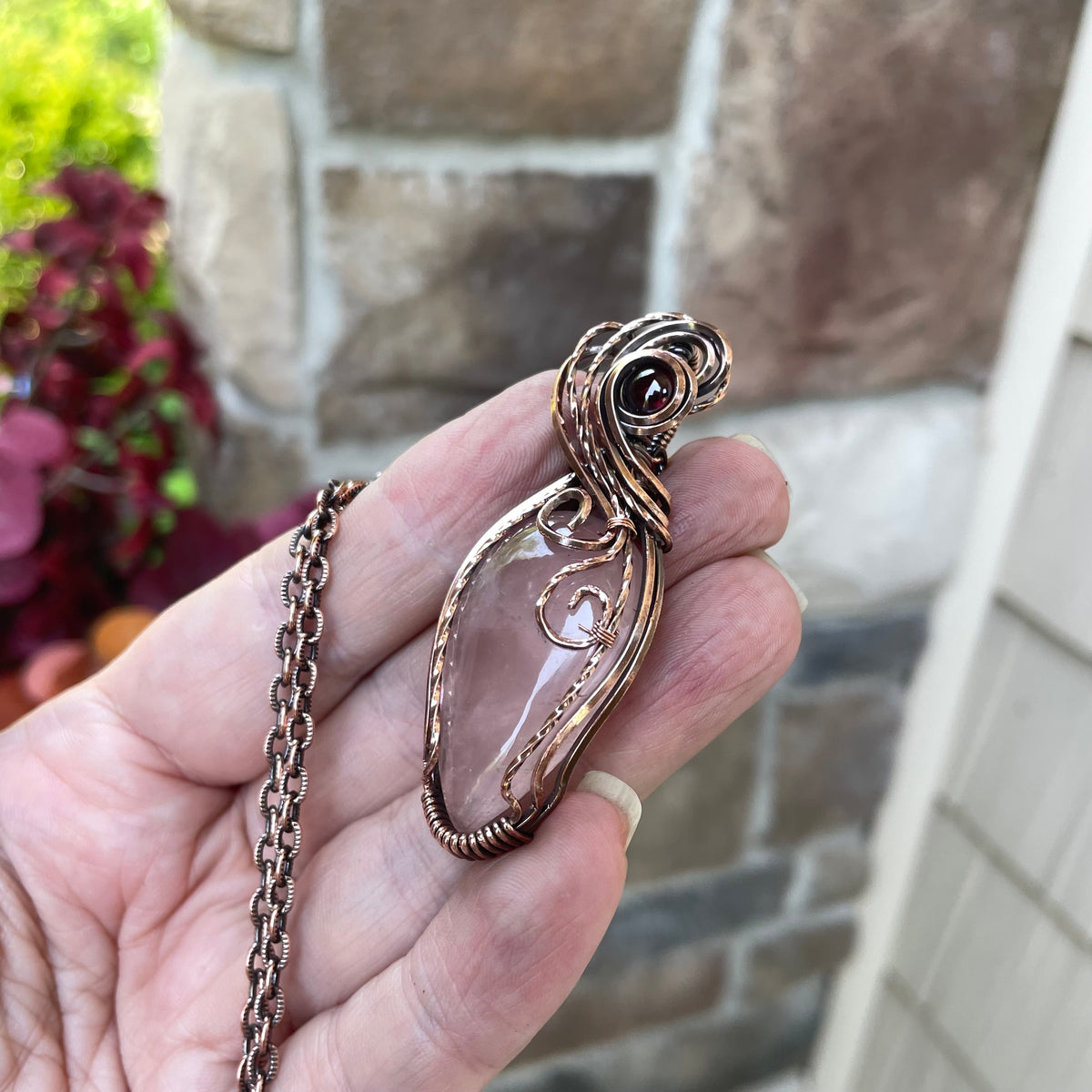 Rose Quartz & Garnet Swirly Copper Necklace