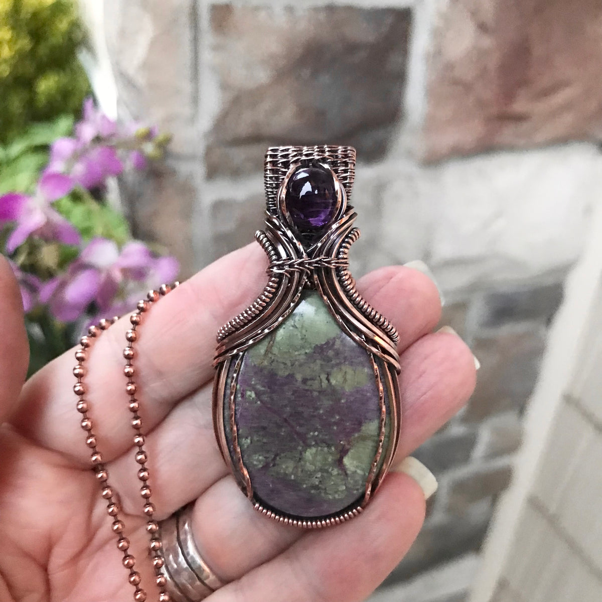 Stichtite & Amethyst Copper Pendant with Weaving