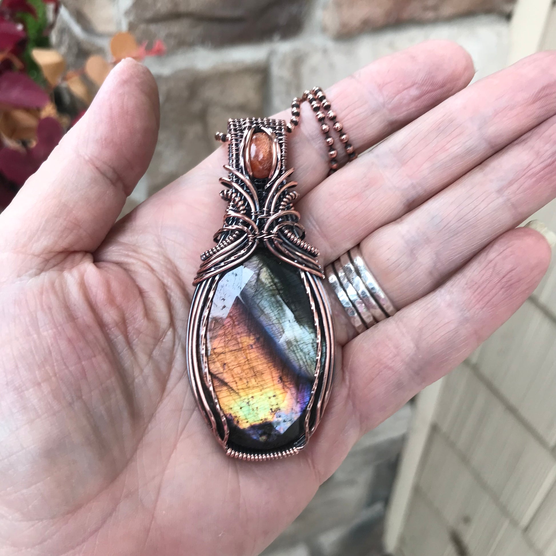 Yellow Amber Labradorite & Sunstone Copper Necklace with Weaving