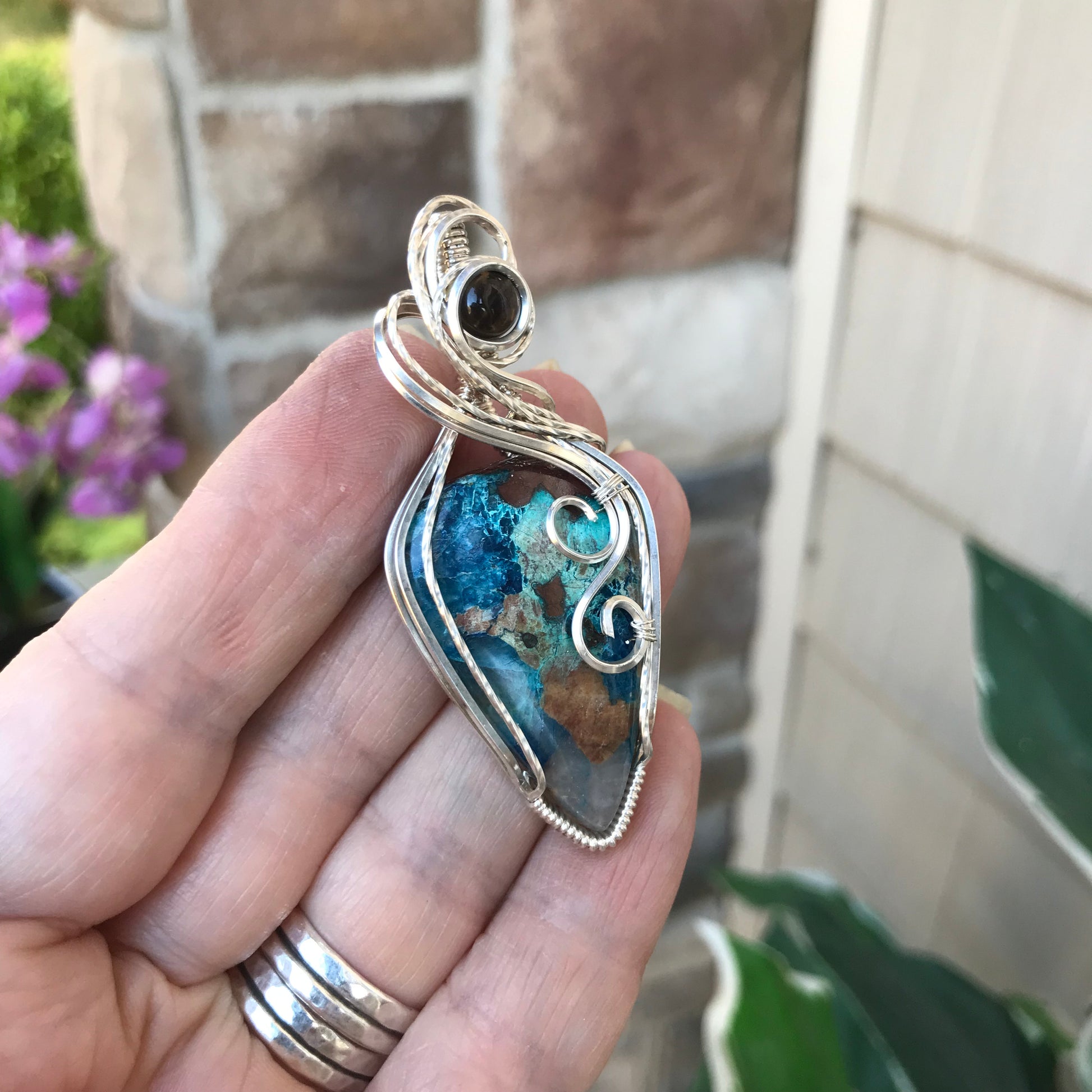 Shattuckite & Smoky Quartz Silver Necklace