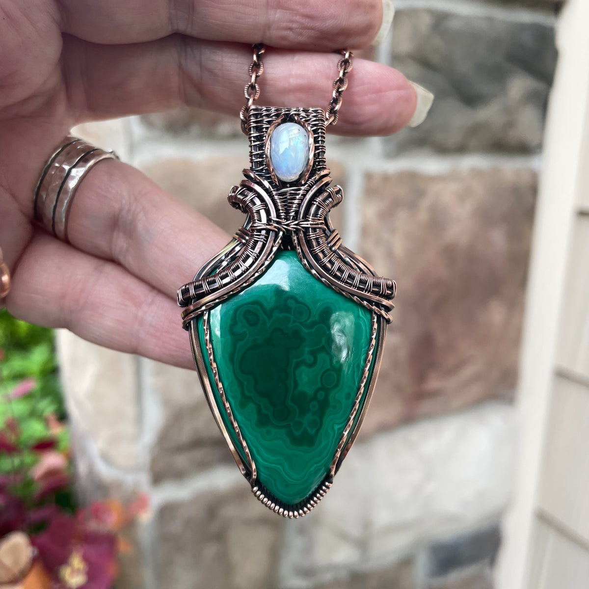 Malachite & Moonstone Copper Pendant with Weaving