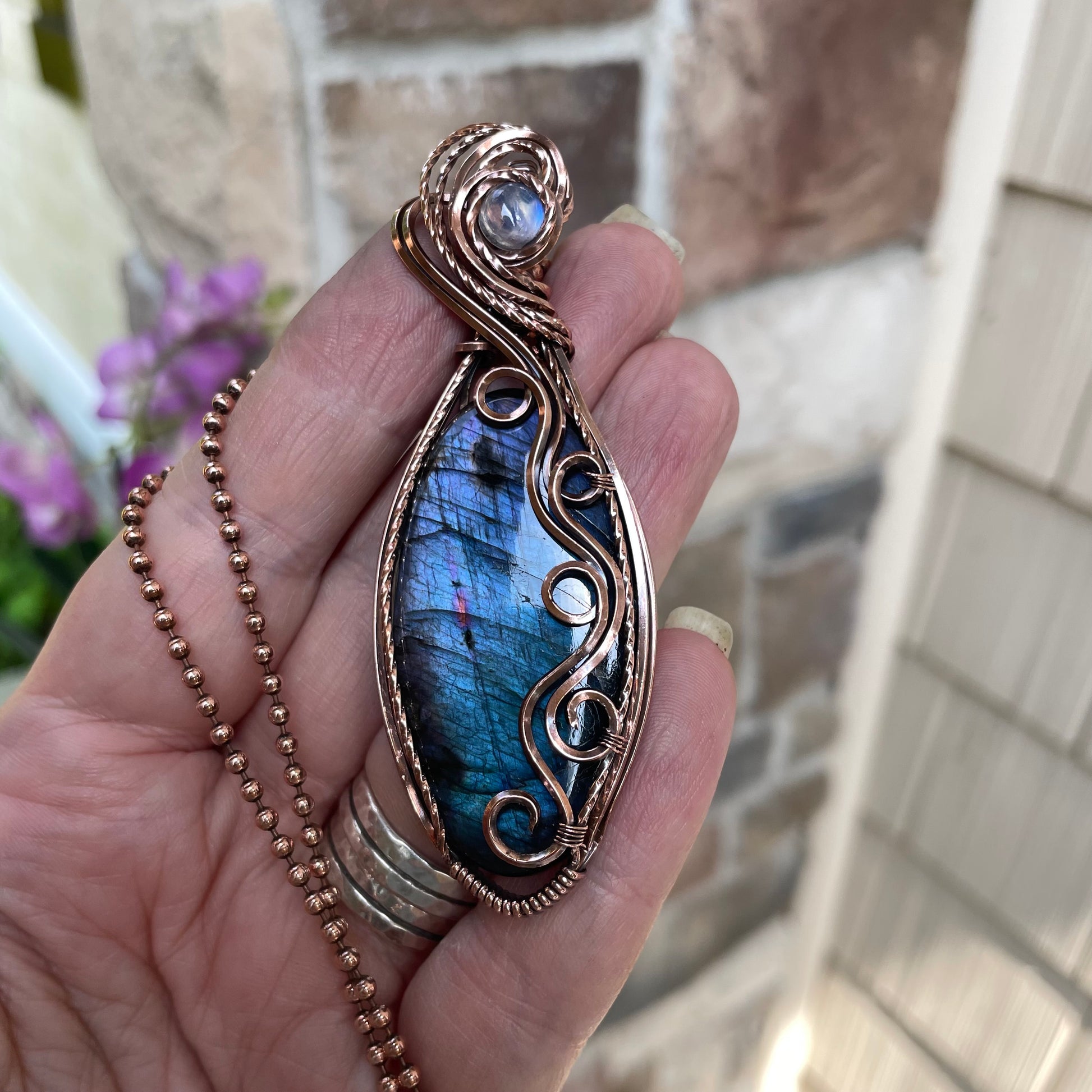 Blue Oval Slender Labradorite & Moonstone Swirly Copper Pendant
