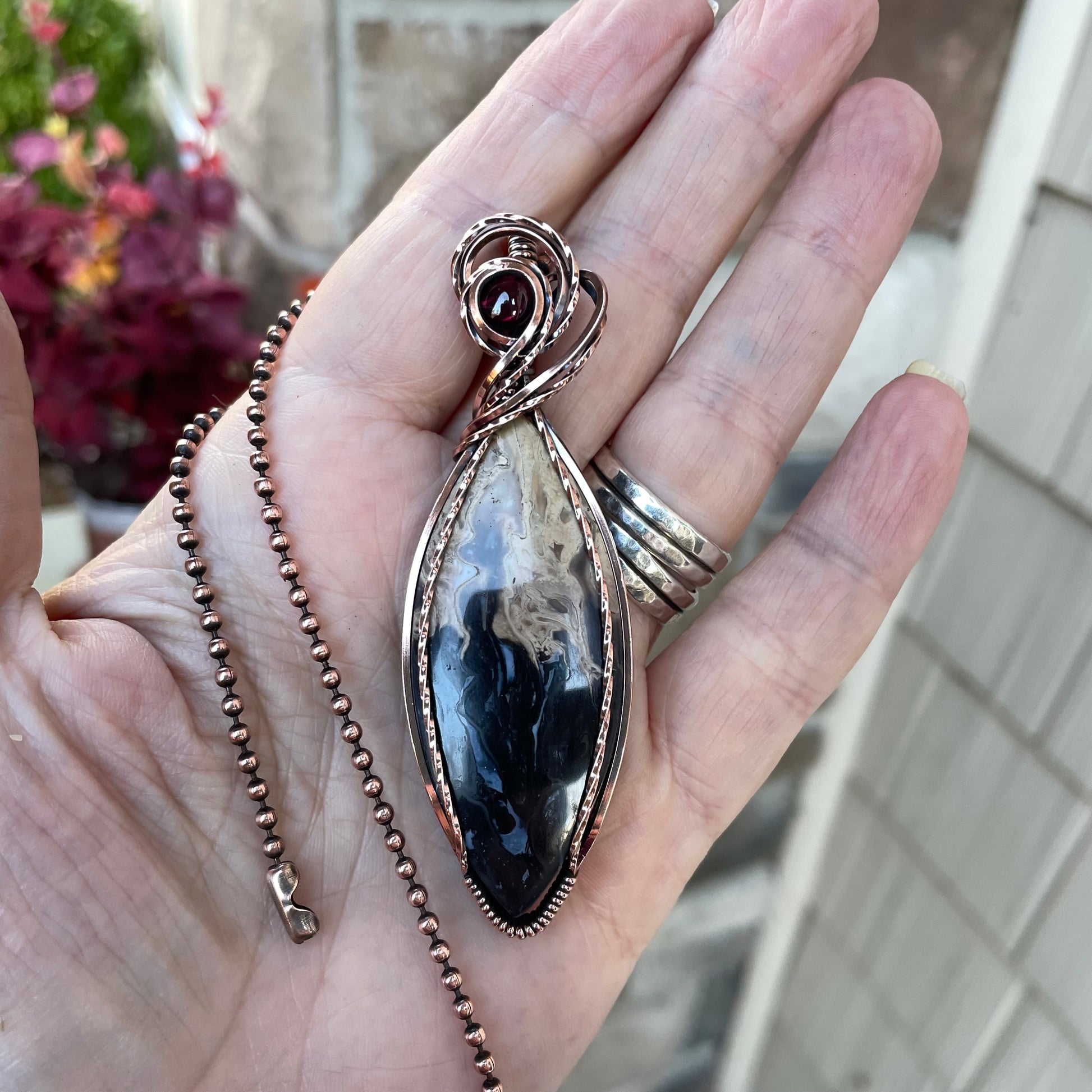 Petrified Palm Wood & Garnet Marquis Copper Necklace