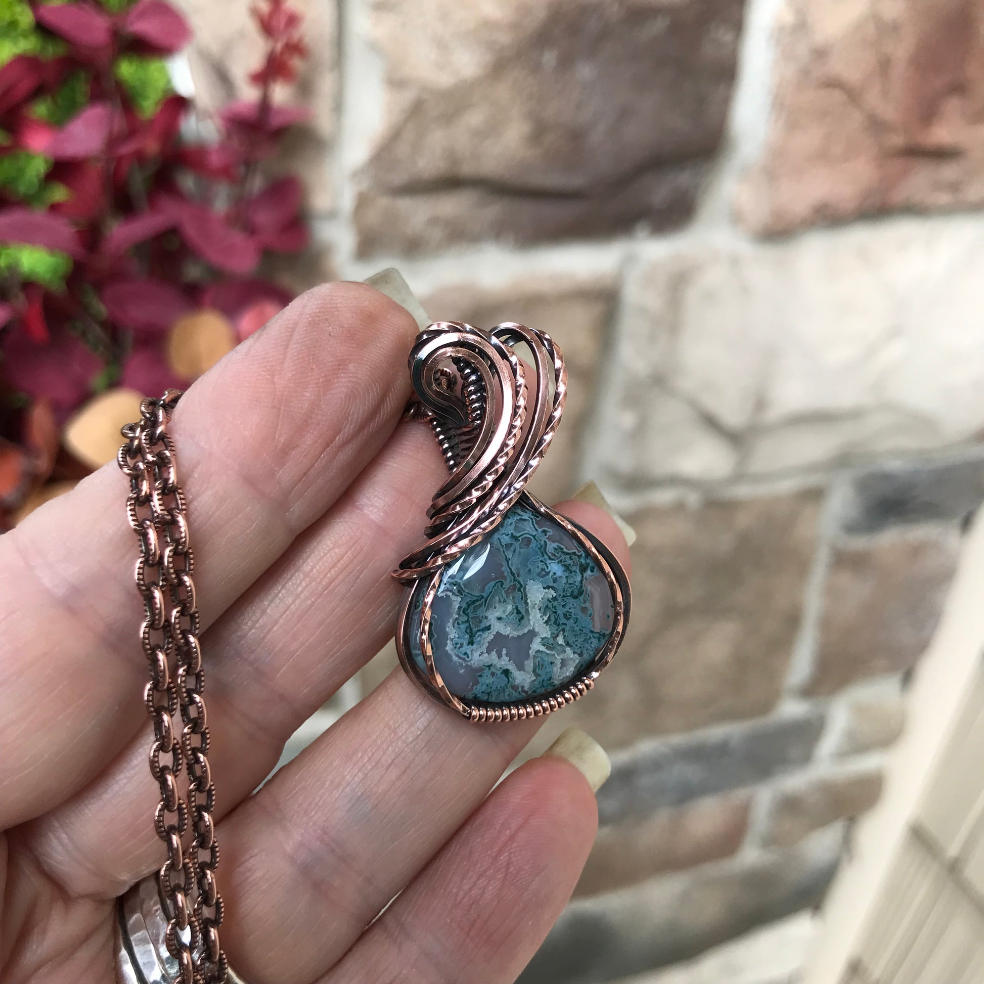 Moss Agate Teardrop Copper Necklace