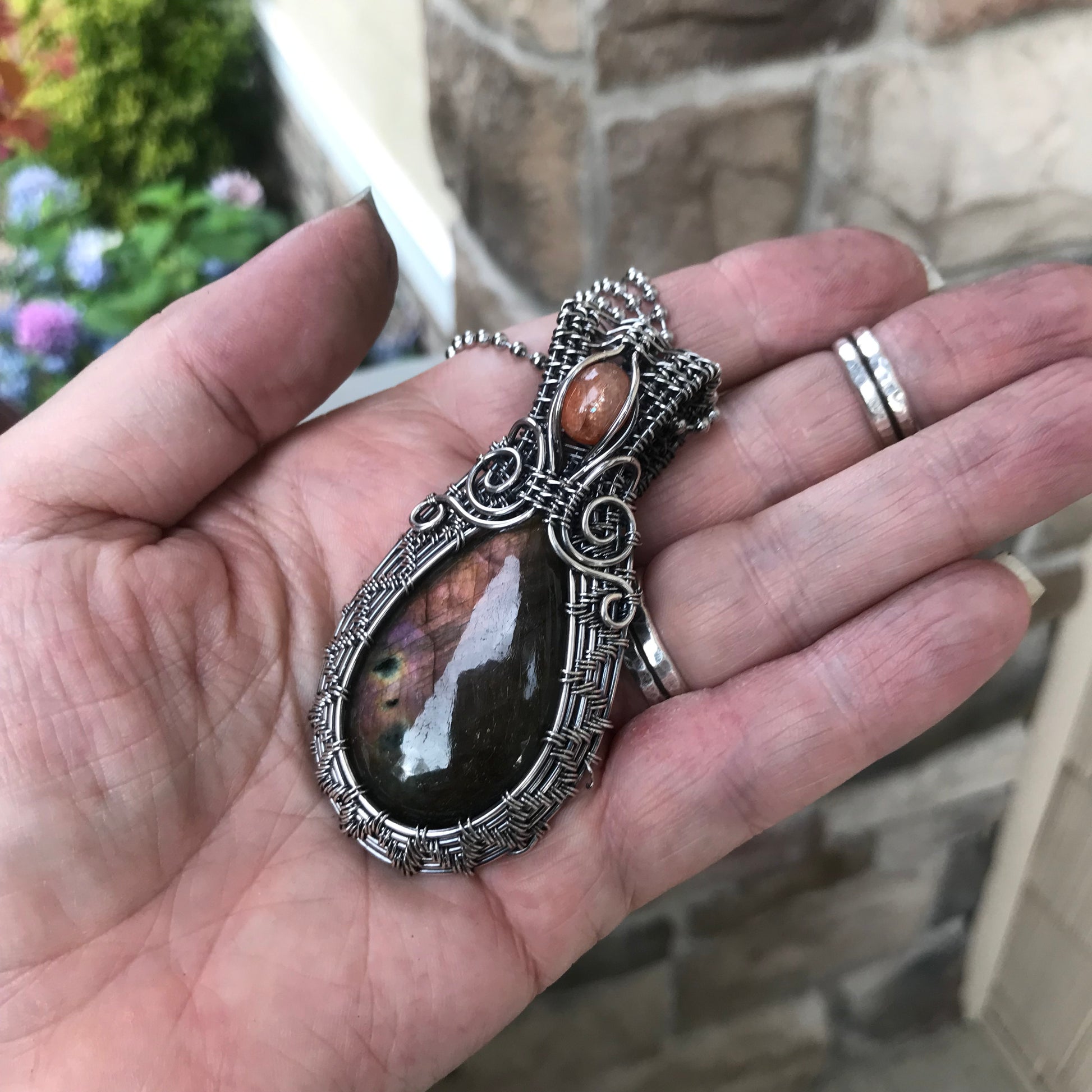 Amber Labradorite & Sunstone Silver Pendant