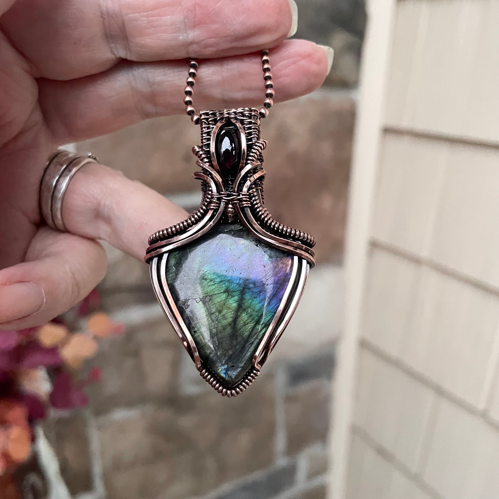 Discounted - Teal Purple Labradorite & Garnet Copper Necklace with Weaving