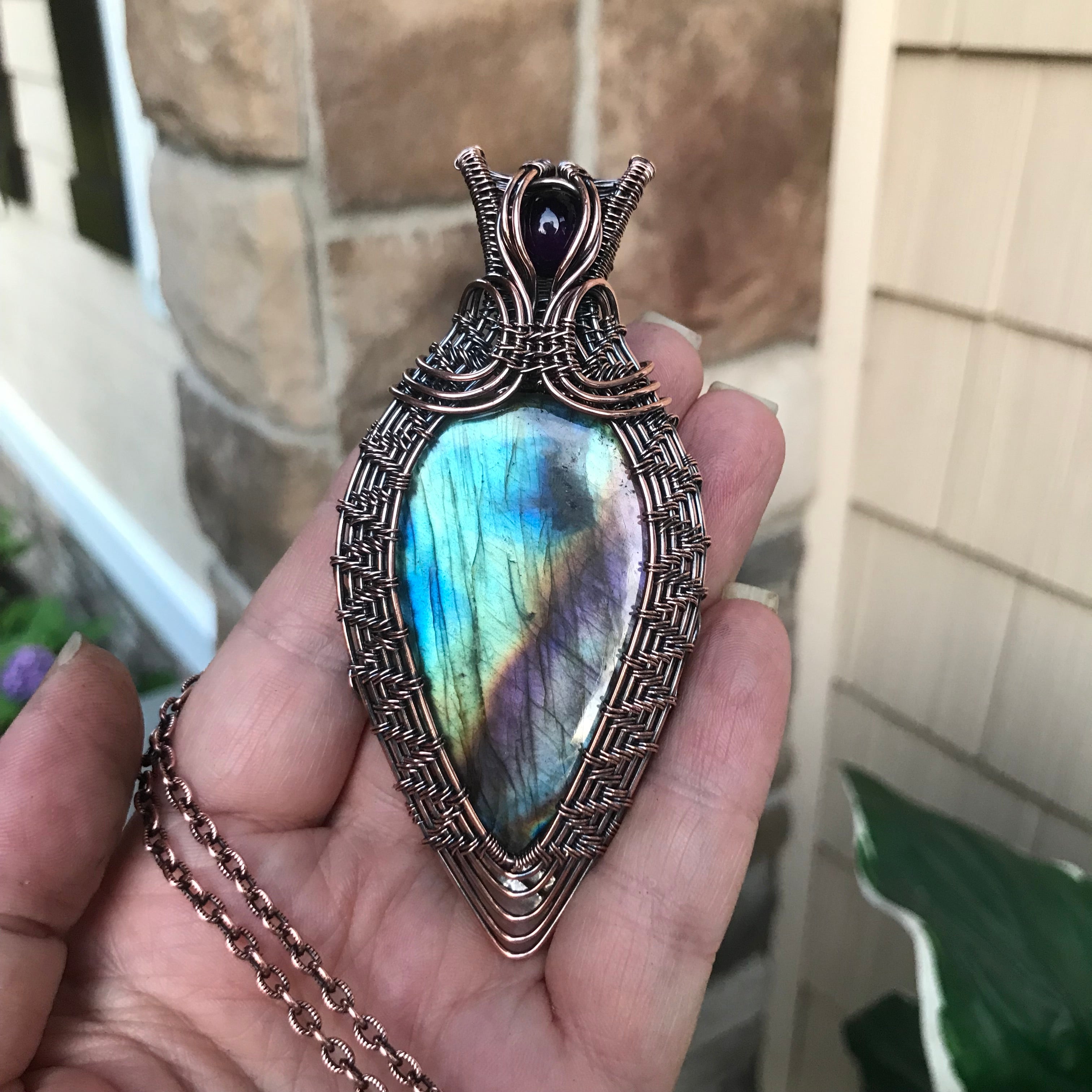 Teal Purple Labradorite & Amethyst Copper Woven Pendant