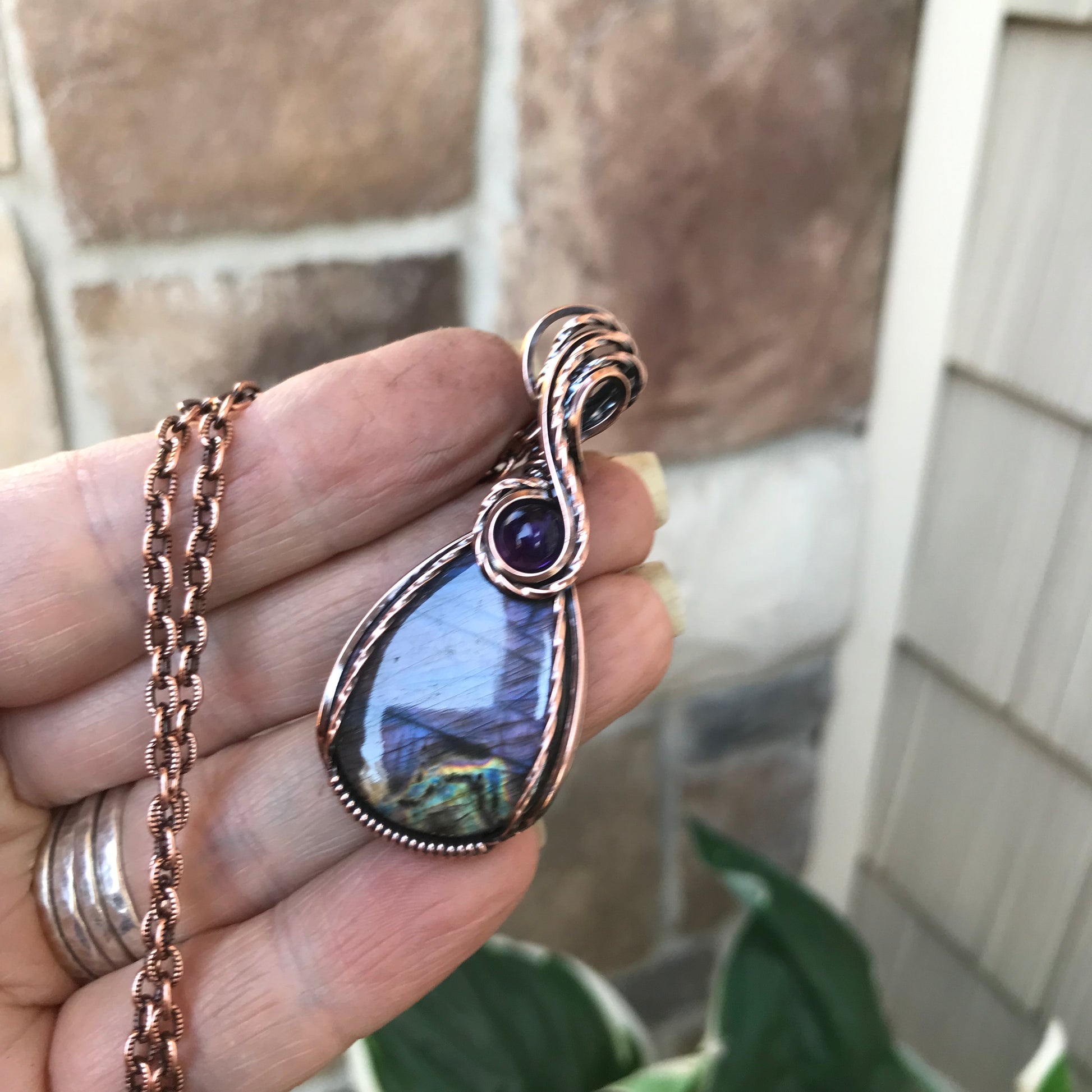 Purple Labradorite & Amethyst Teardrop Copper Pendant