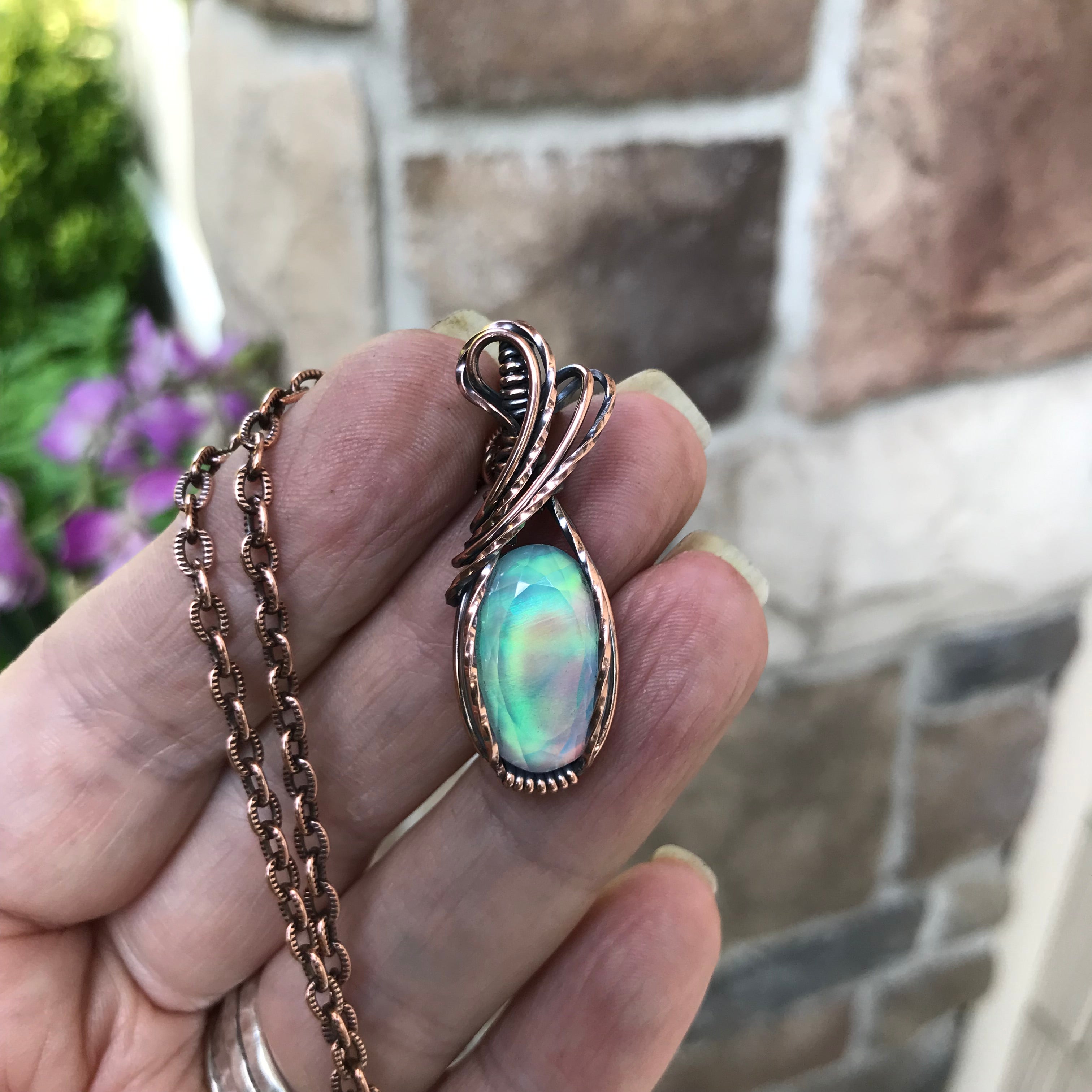 Aurora Opal Green Pink Copper Necklace