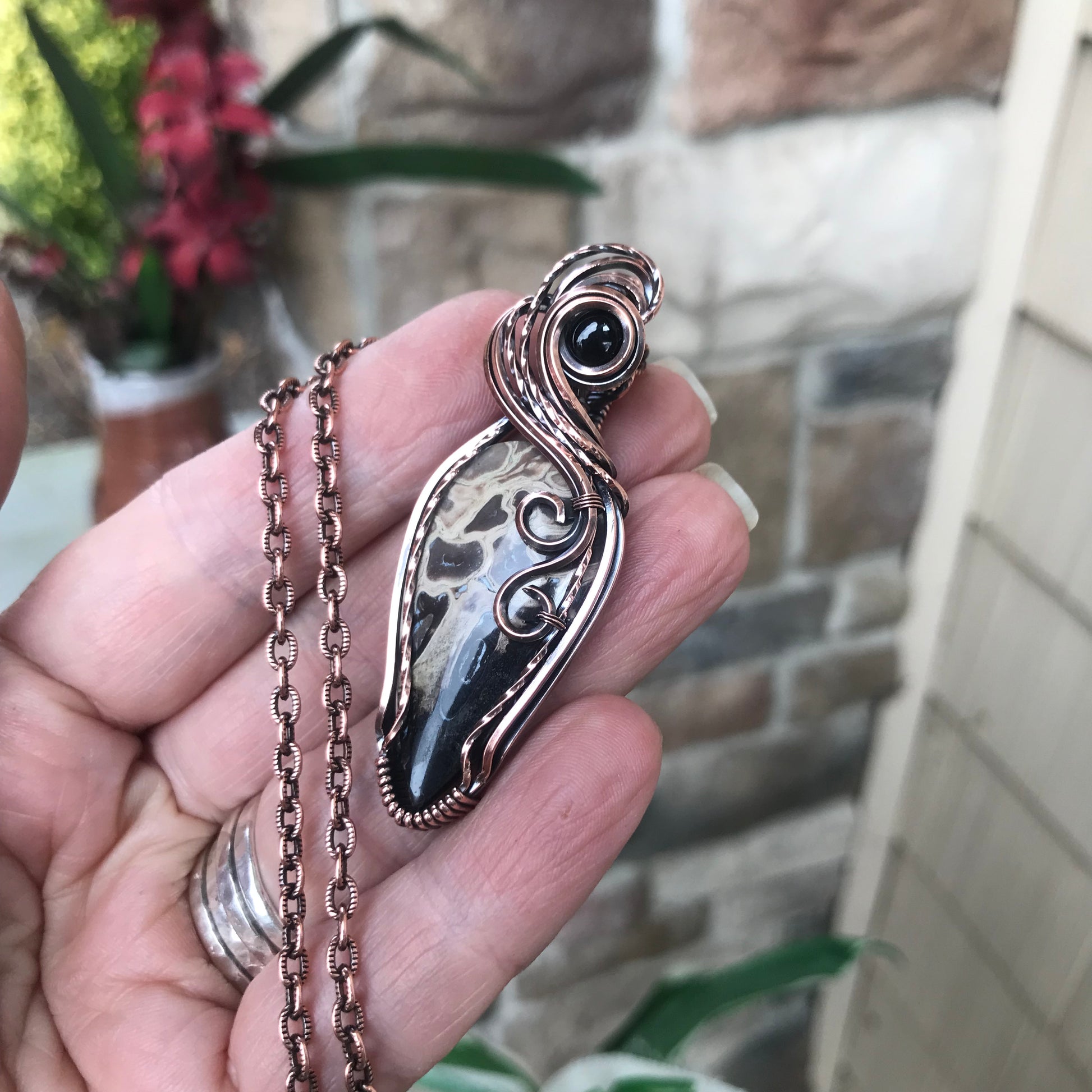 Petrified Palm Root & Black Onyx Copper Necklace