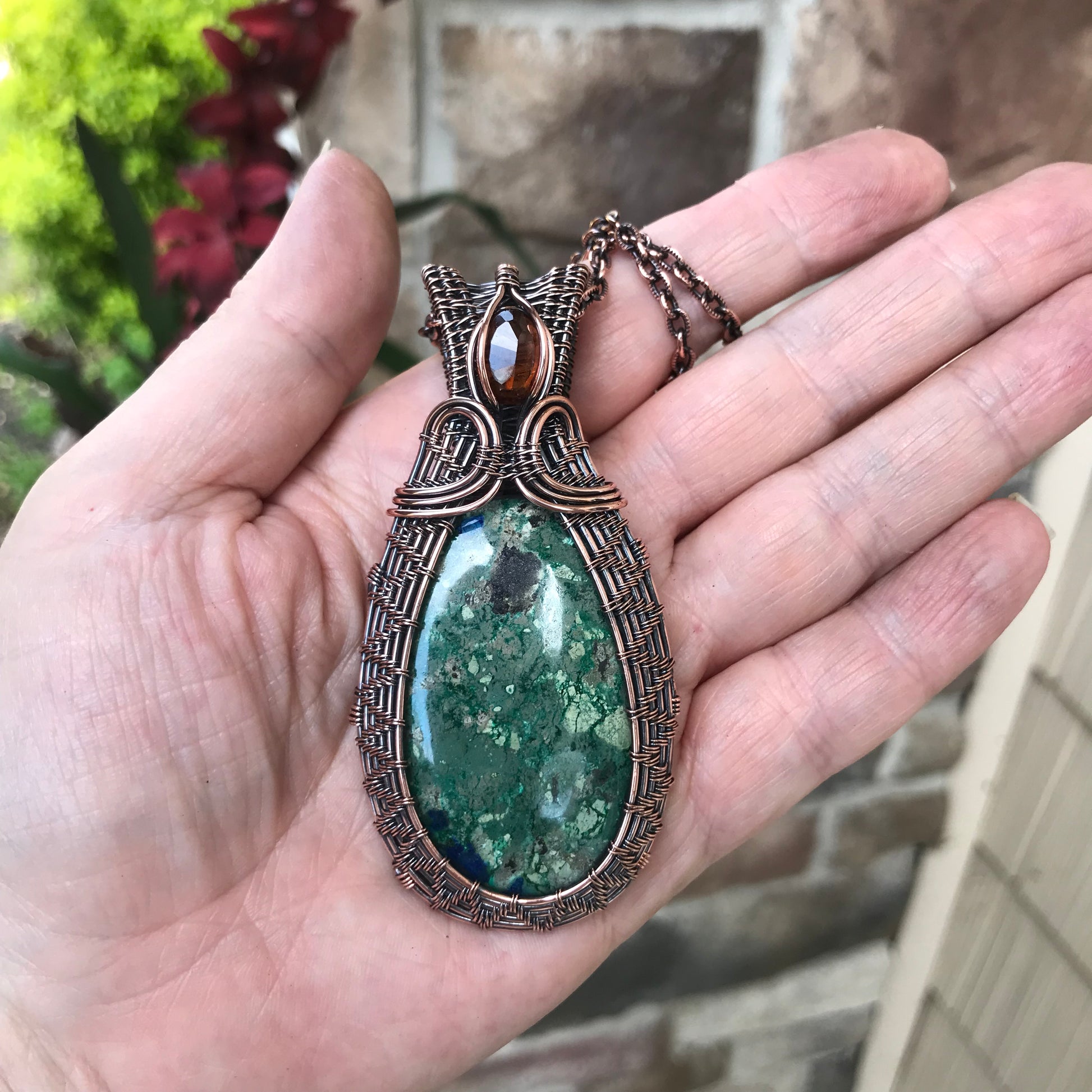 Azurite & Hessonite Garnet Woven Copper Pendant