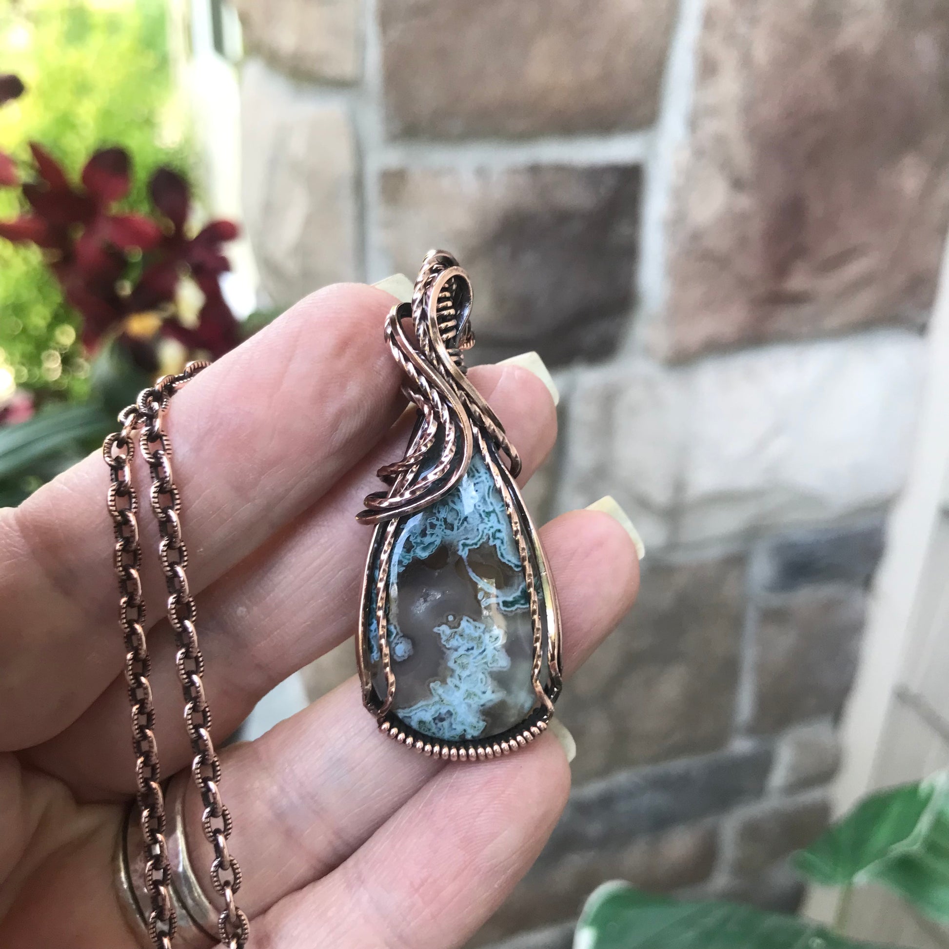 Teal moss agate copper pendant by Moonlet Jewelry