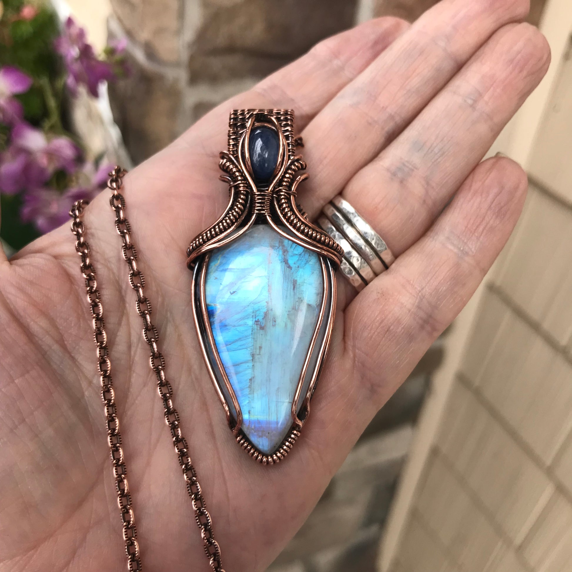 RESERVED - Rainbow Moonstone w/Black Tourmaline & Kyanite Copper Pendant