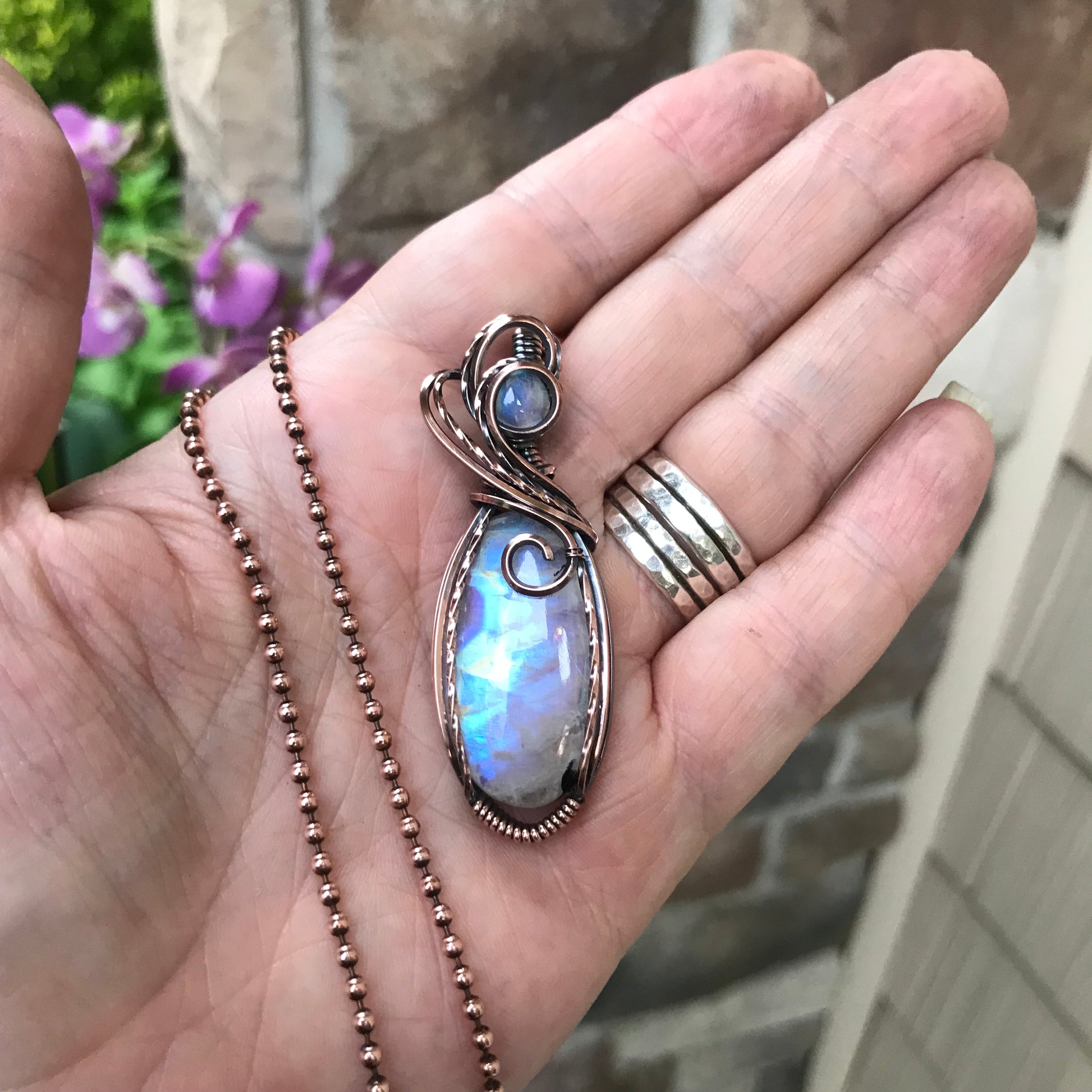 Moonstone with Tourmaline Swirly Copper Pendant
