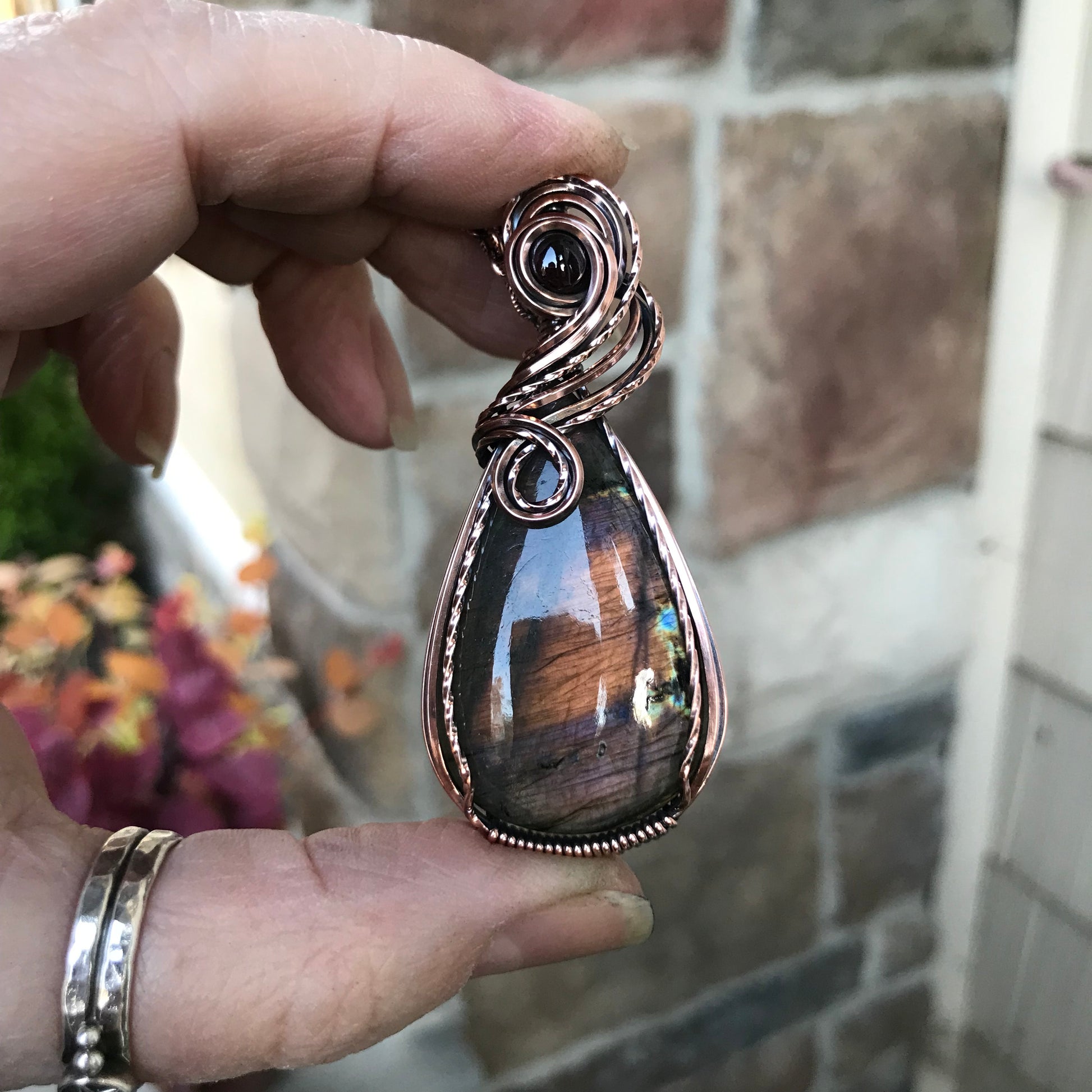 Burgundy Labradorite & Garnet Swirly Copper Necklace