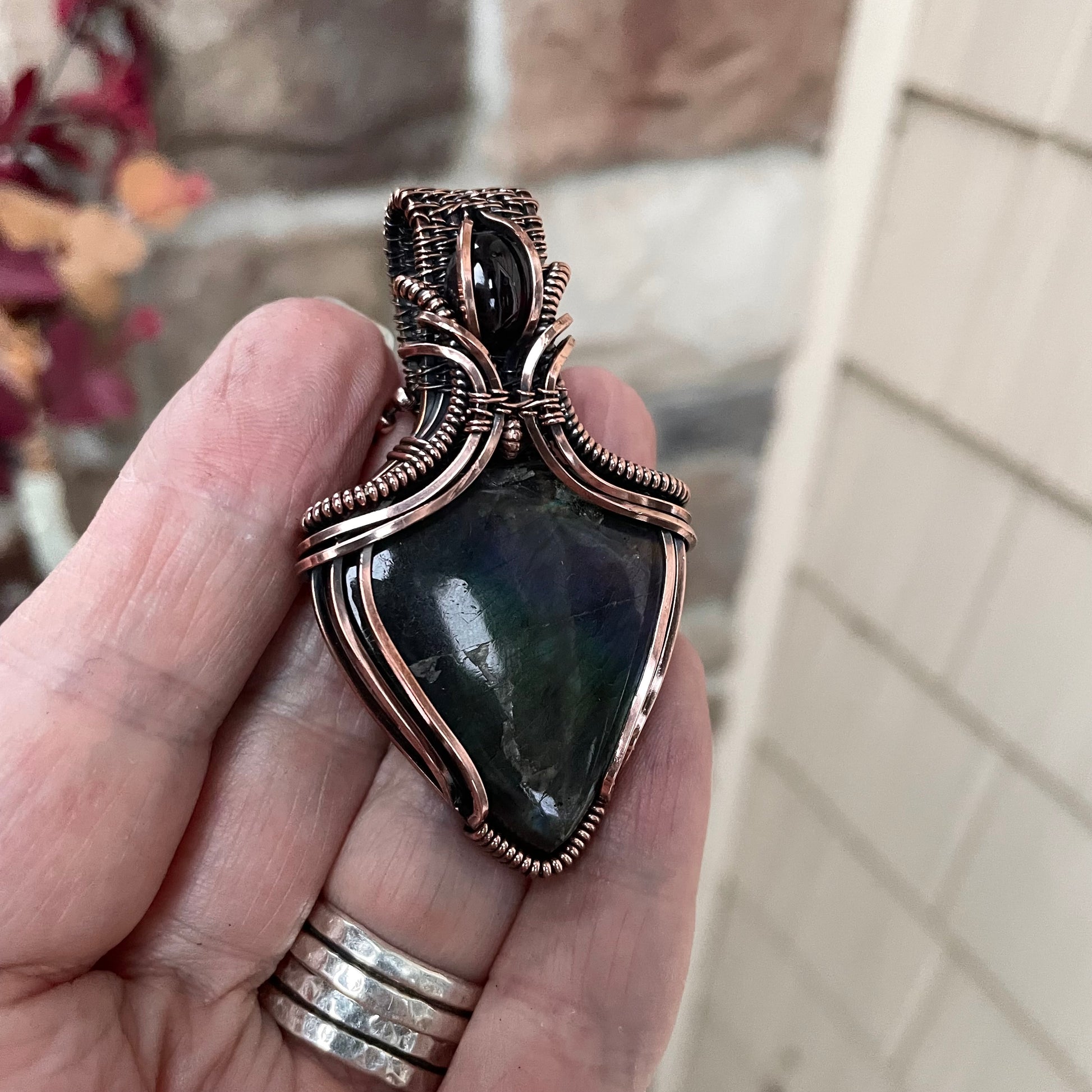 Discounted - Teal Purple Labradorite & Garnet Copper Necklace with Weaving