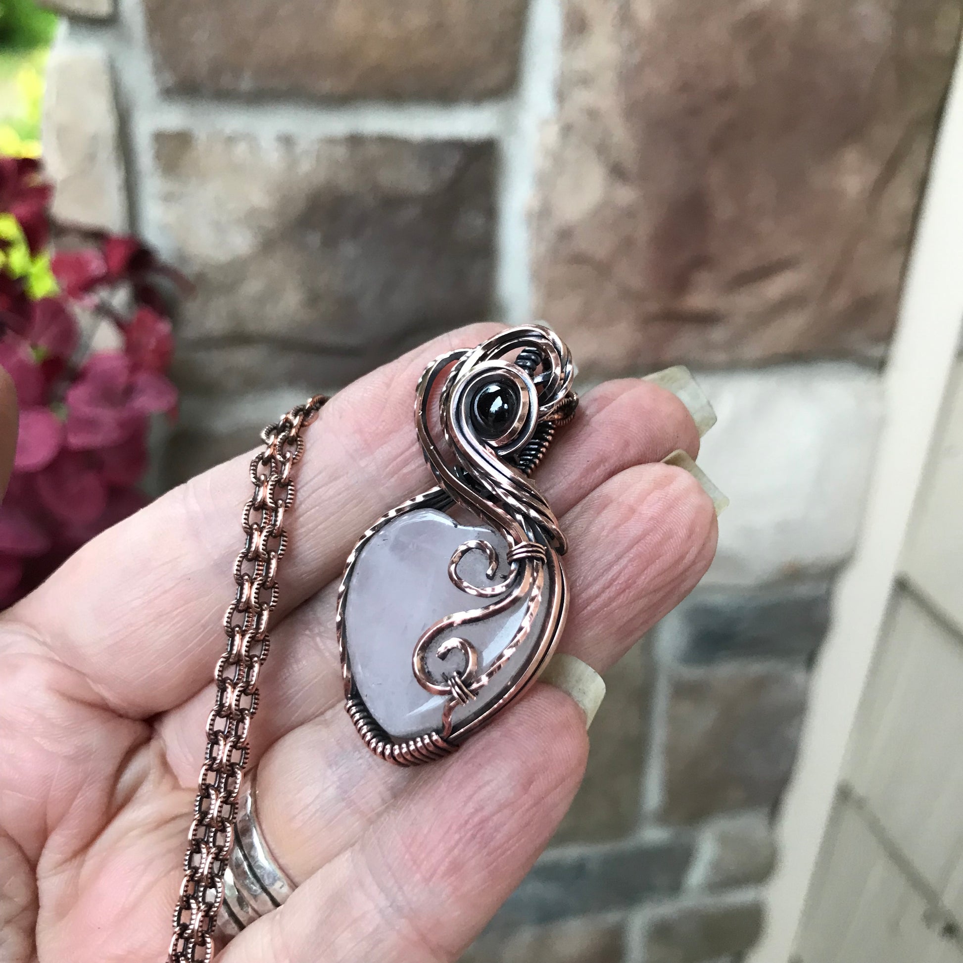 Rose Quartz & Garnet Copper Heart Necklace