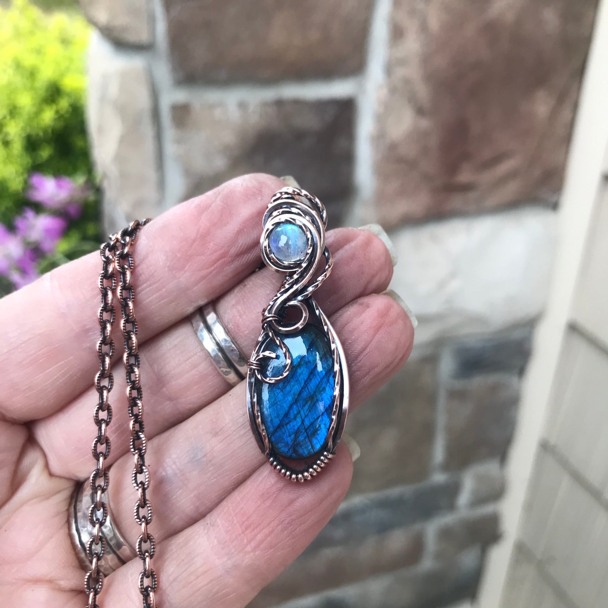 Blue Labradorite & Moonstone Oval Copper Necklace