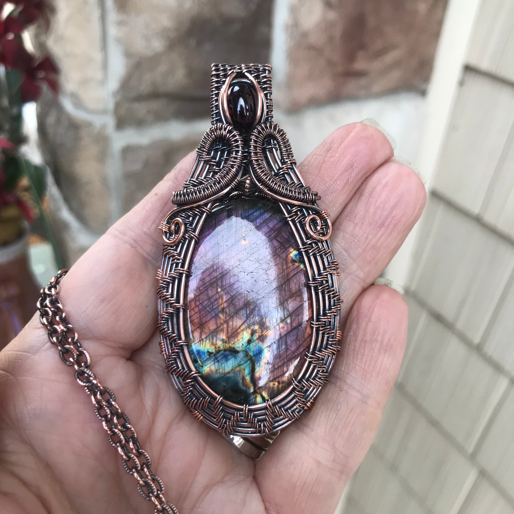 Purple Pink Labradorite with Garnet Woven Copper Pendant