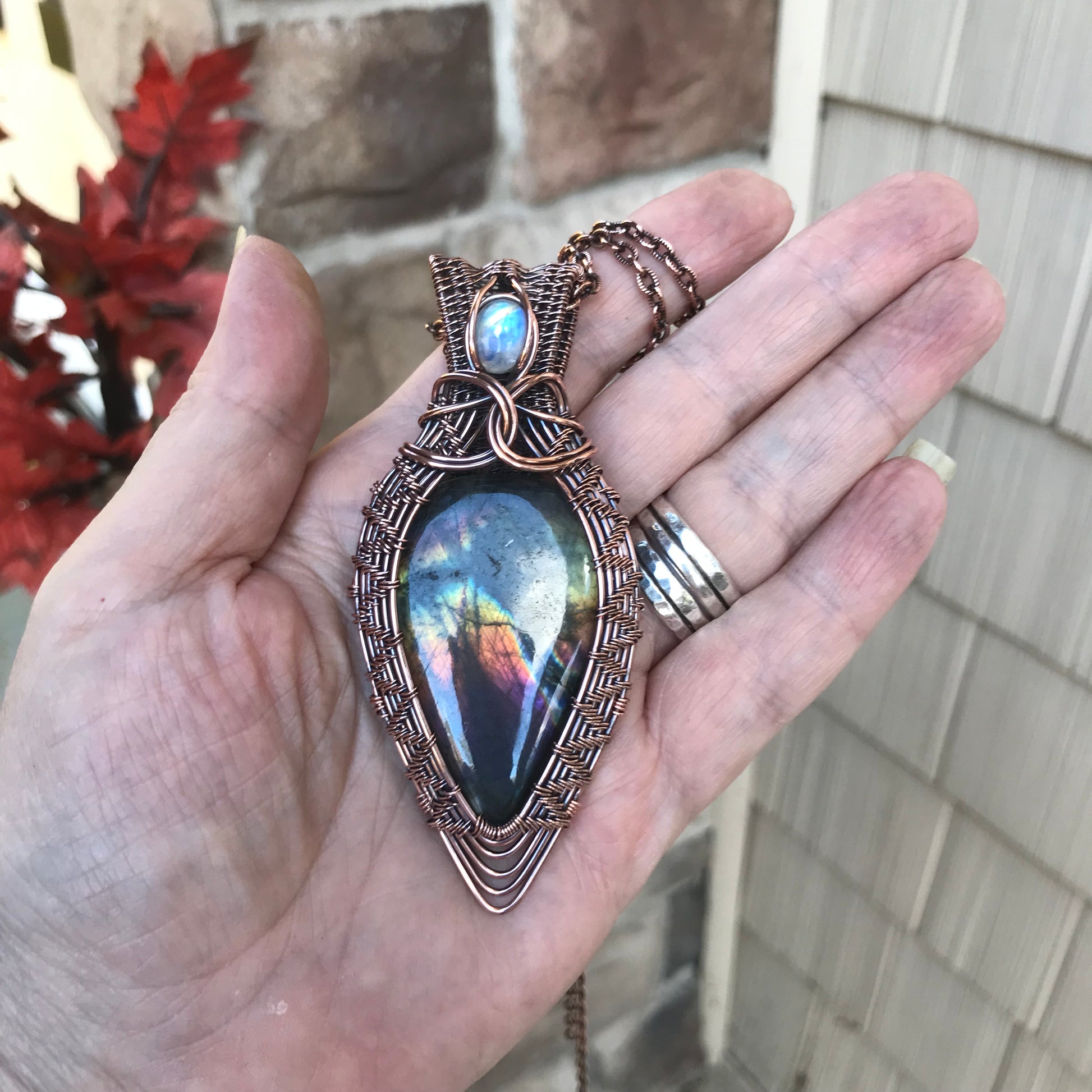 Rainbow Labradorite & Moonstone Copper Wire Weave Pendant