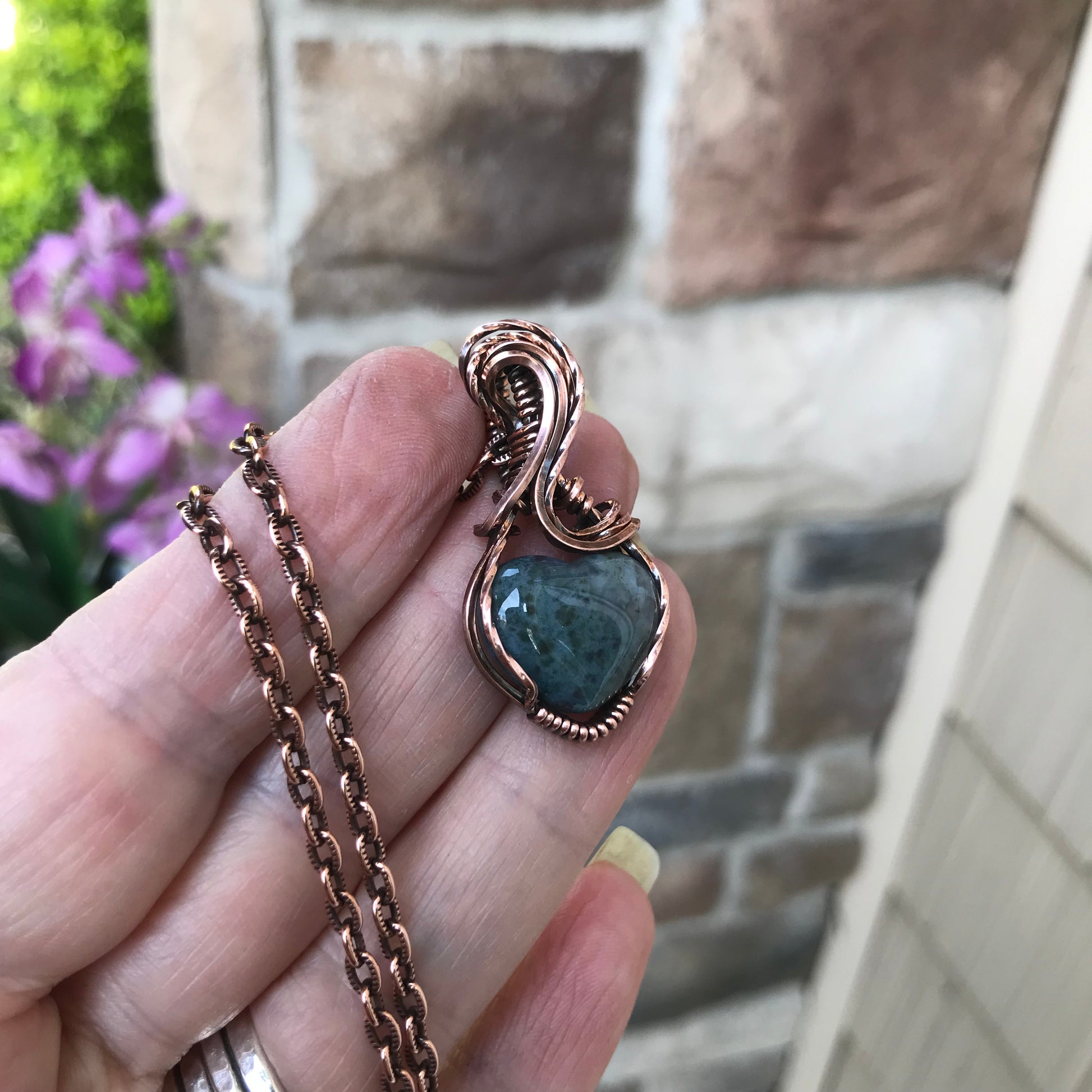 Moss Agate Heart Copper Necklace